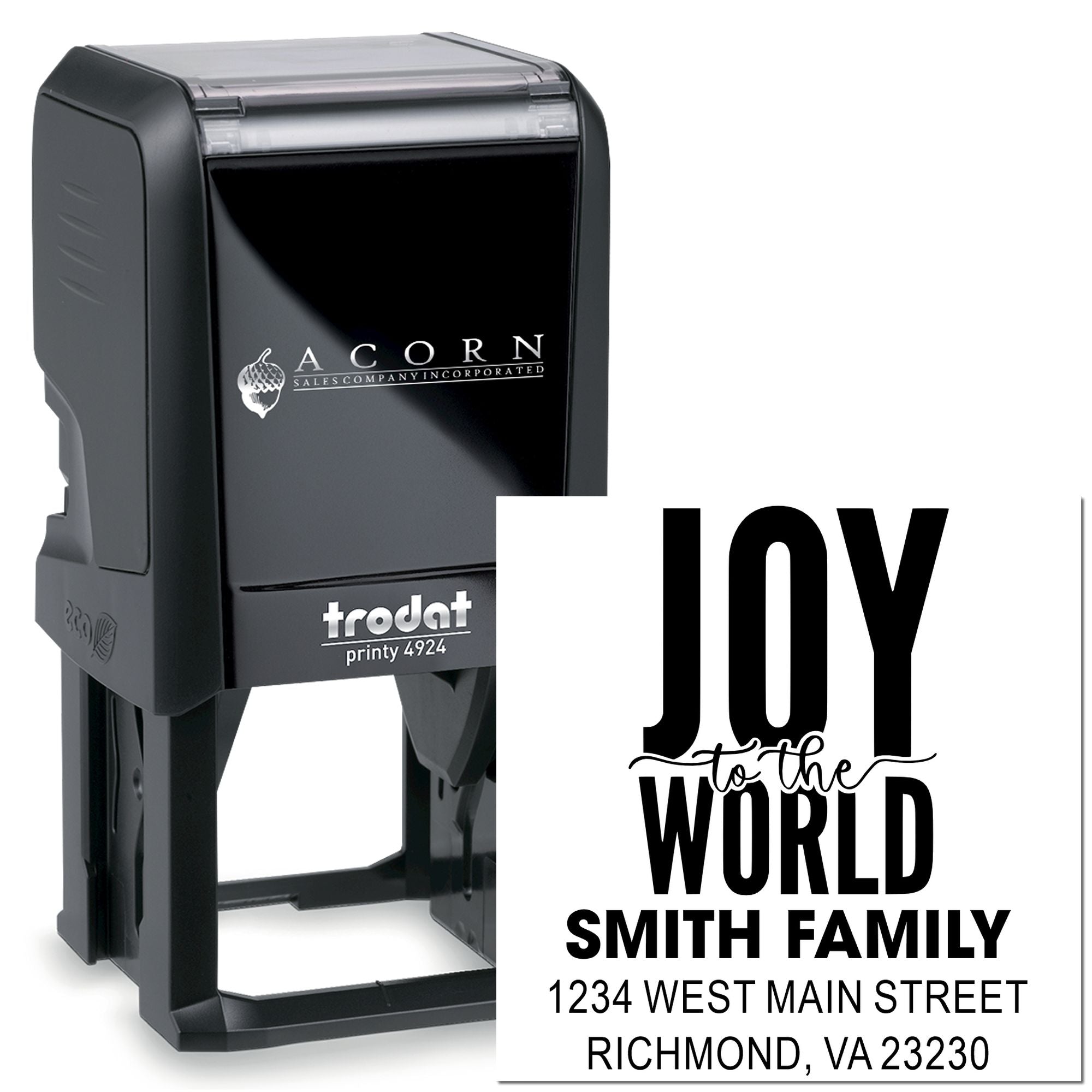 Custom self-inking rubber stamp featuring Joy to the World family address design for personalized holiday cards and mailings.