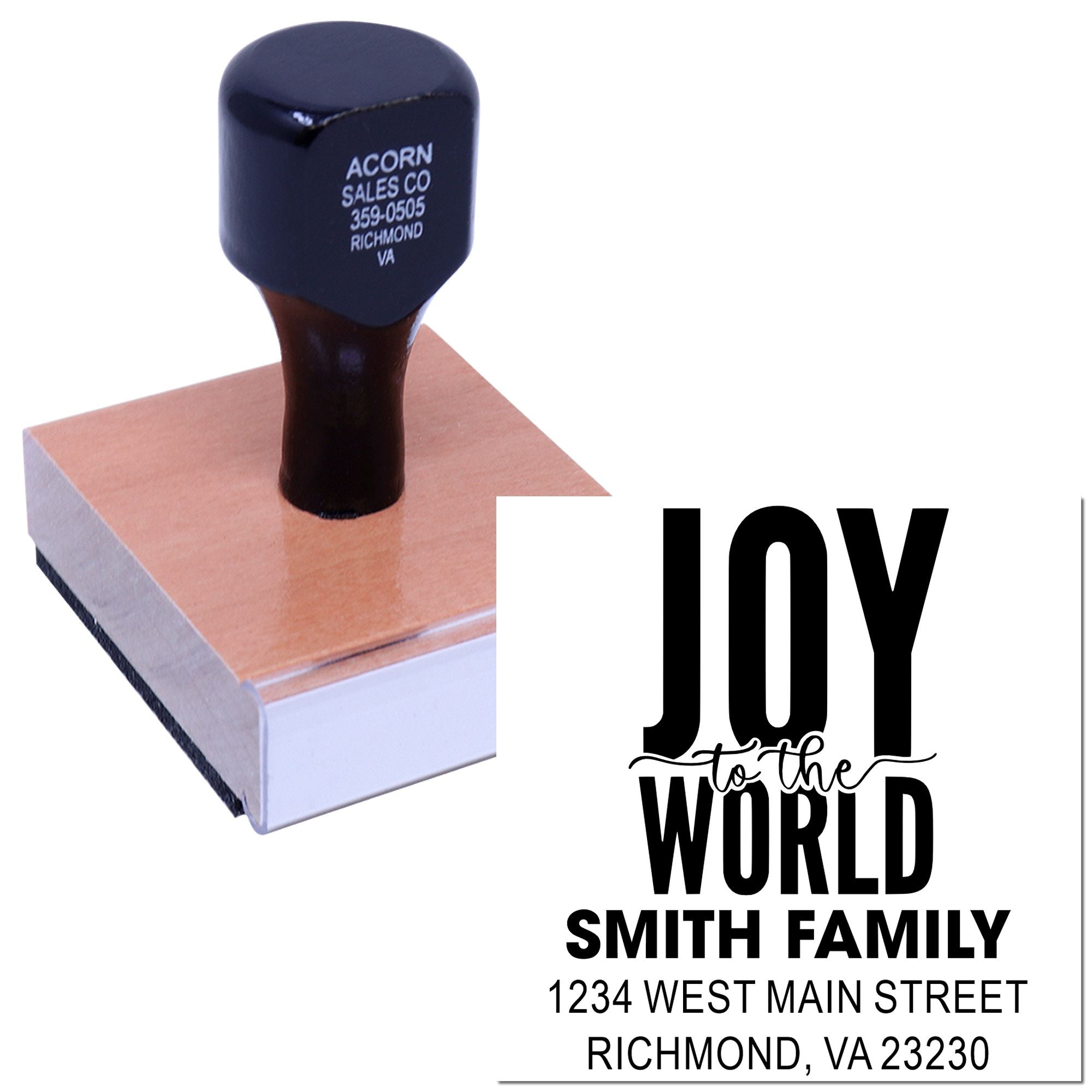 Custom holiday return address rubber stamp with Joy to the World design and personalized Smith Family Richmond, VA address.