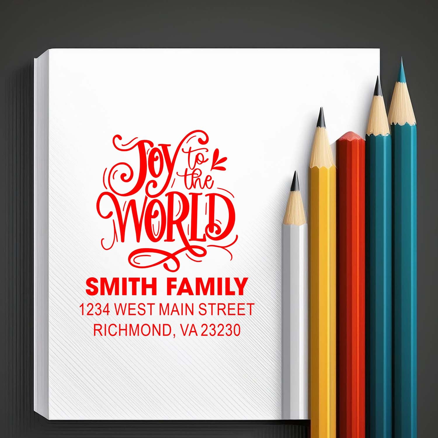 Custom Christmas rubber stamp design with Joy to the World and Smith Family address for holiday cards and envelopes.