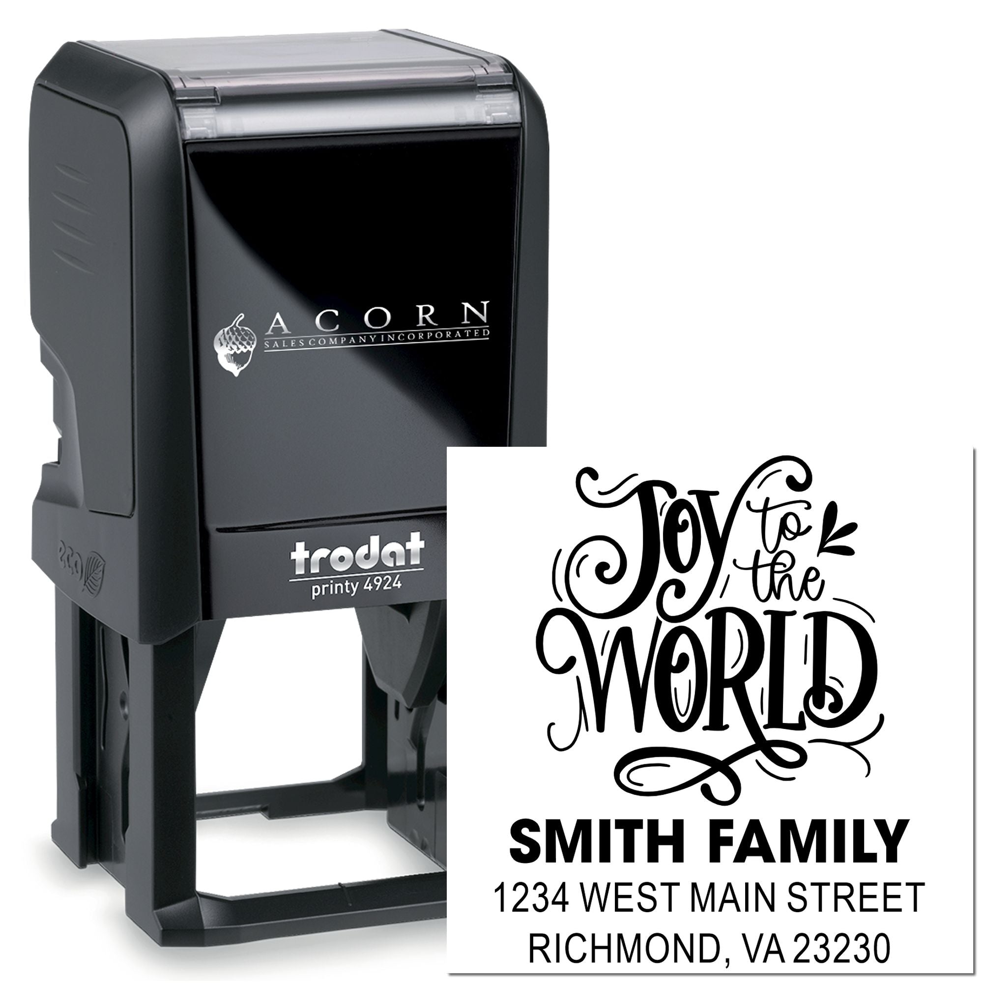 Self-inking rubber address stamp with Joy to the World design for personalized Smith family holiday cards.