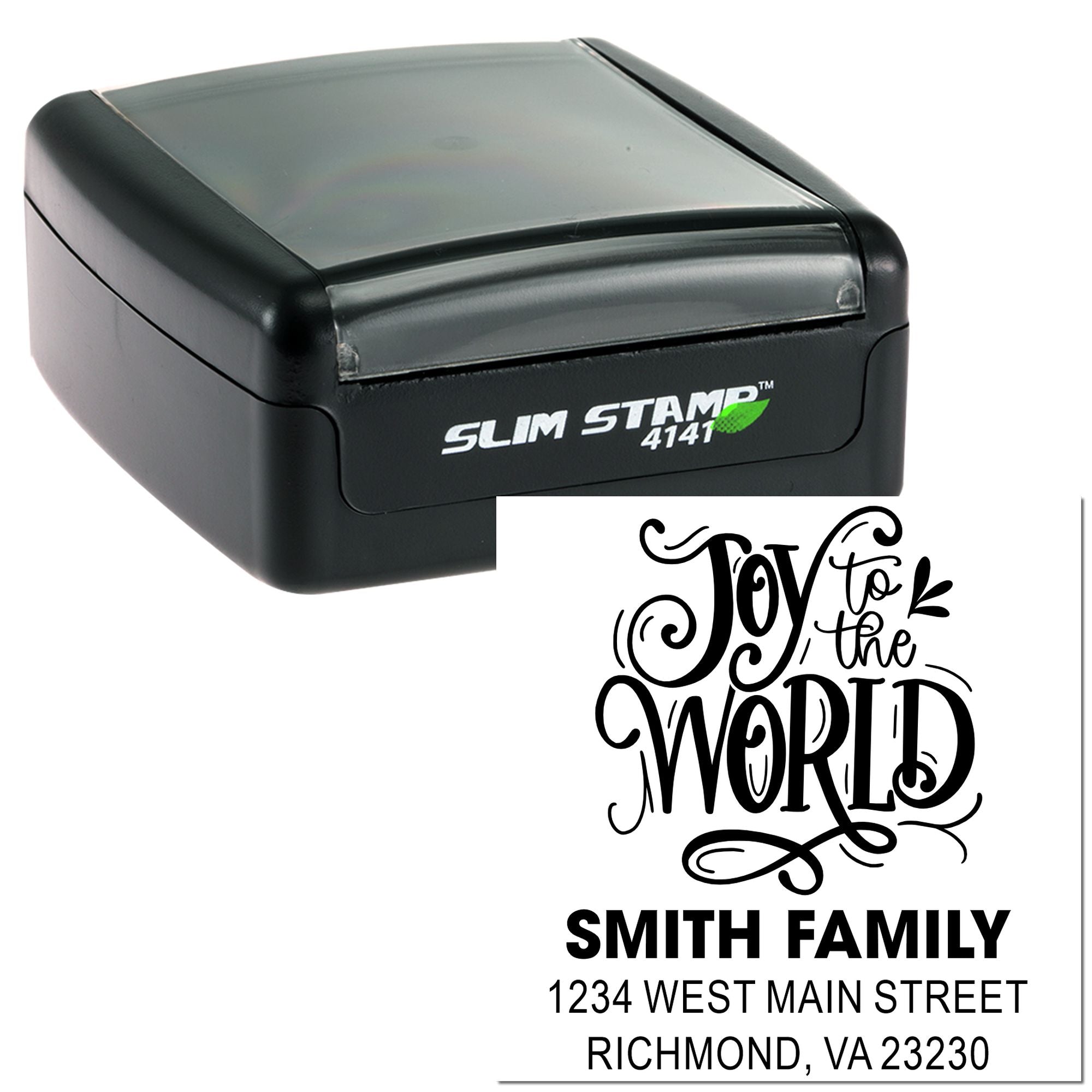 Custom self-inking rubber address stamp with Joy to the World design and Smith Family return address imprint.