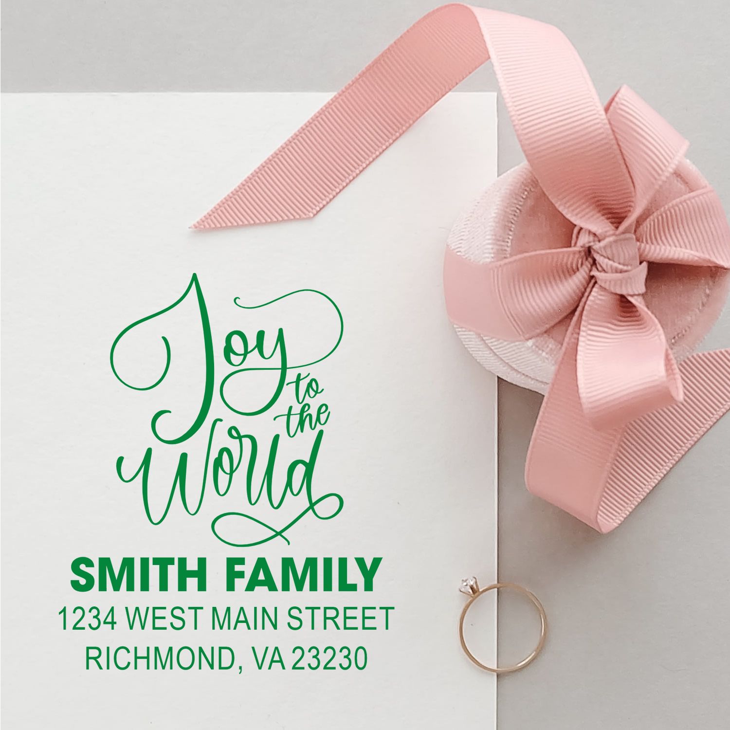 Personalized return address rubber stamp with Joy to the World design for Smith Family holiday cards and gift wrap