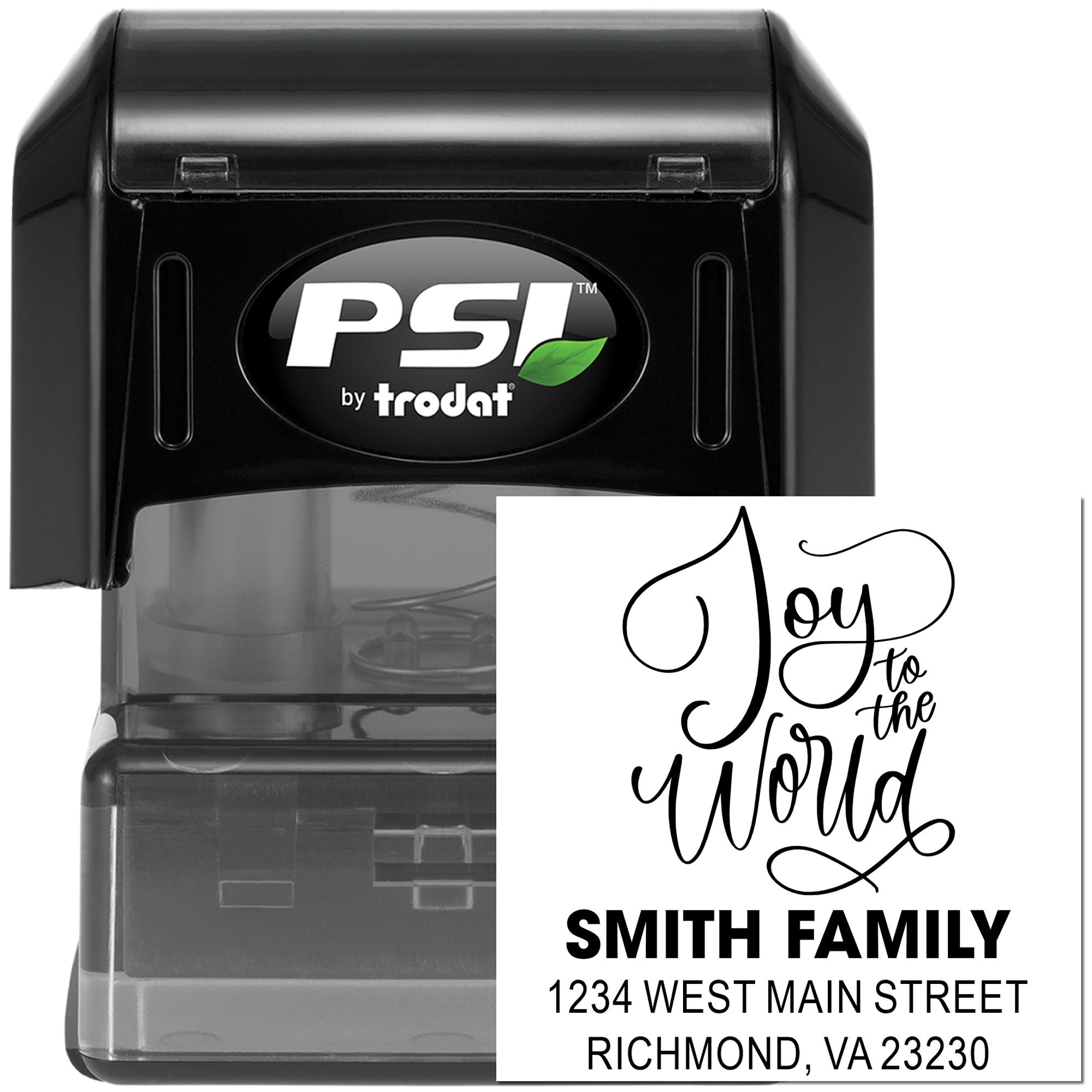 Custom self-inking rubber stamp with Joy to the World design, Smith Family name, and return address for holiday mail.