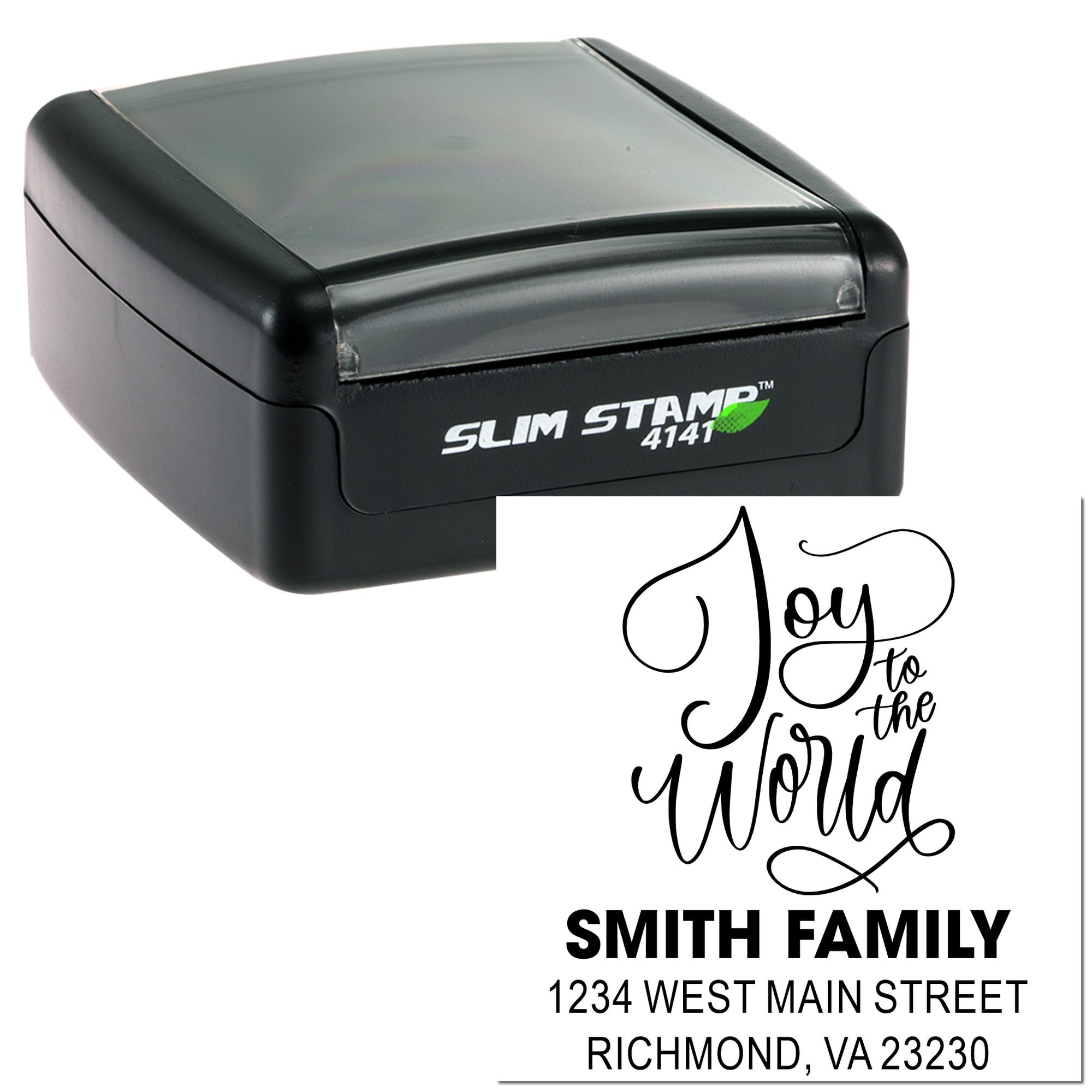 Custom self-inking rubber address stamp with Joy to the World design, Smith Family name, and Richmond VA return address.