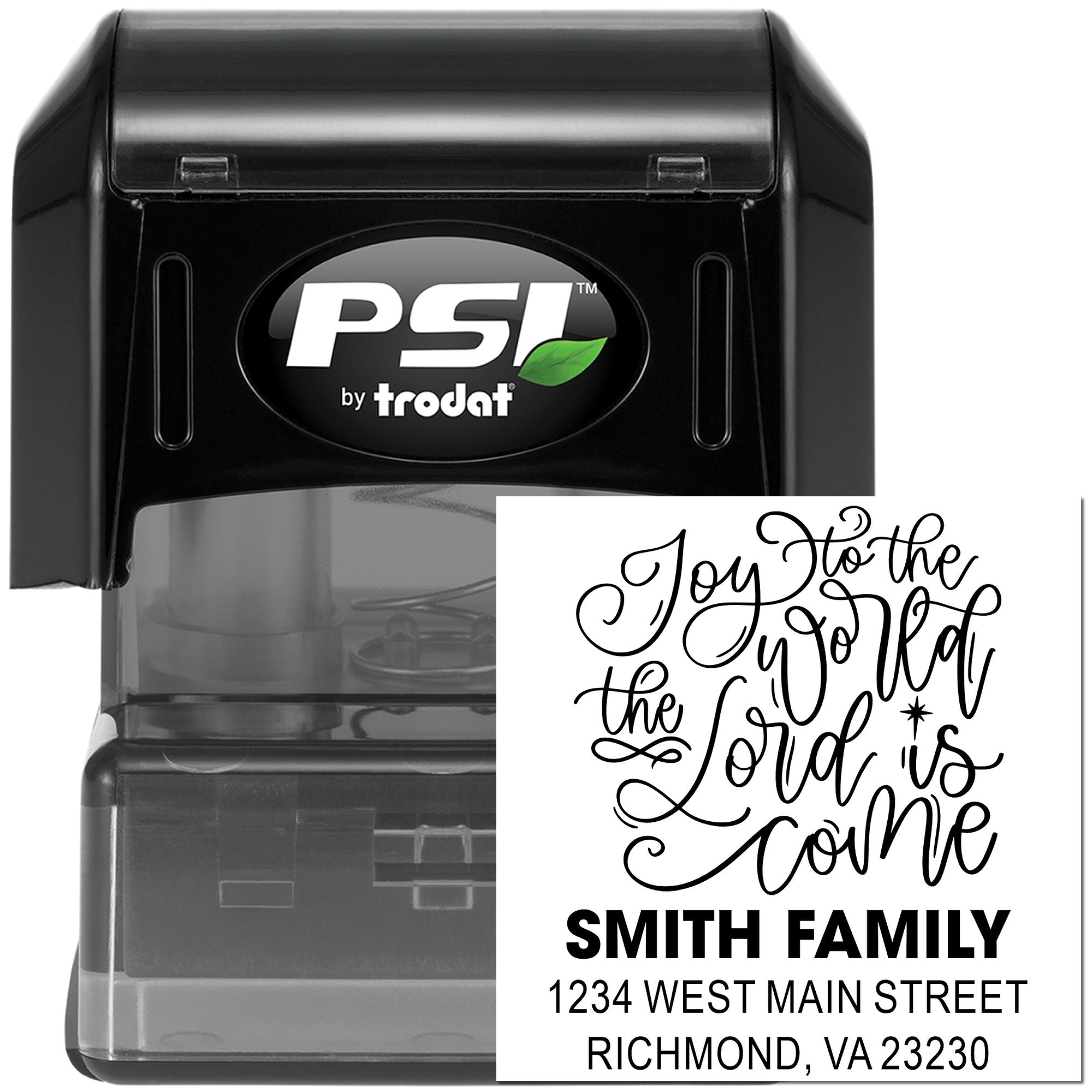 Custom self-inking address rubber stamp by PSI by Trodat with Joy to the World design for the Smith family.