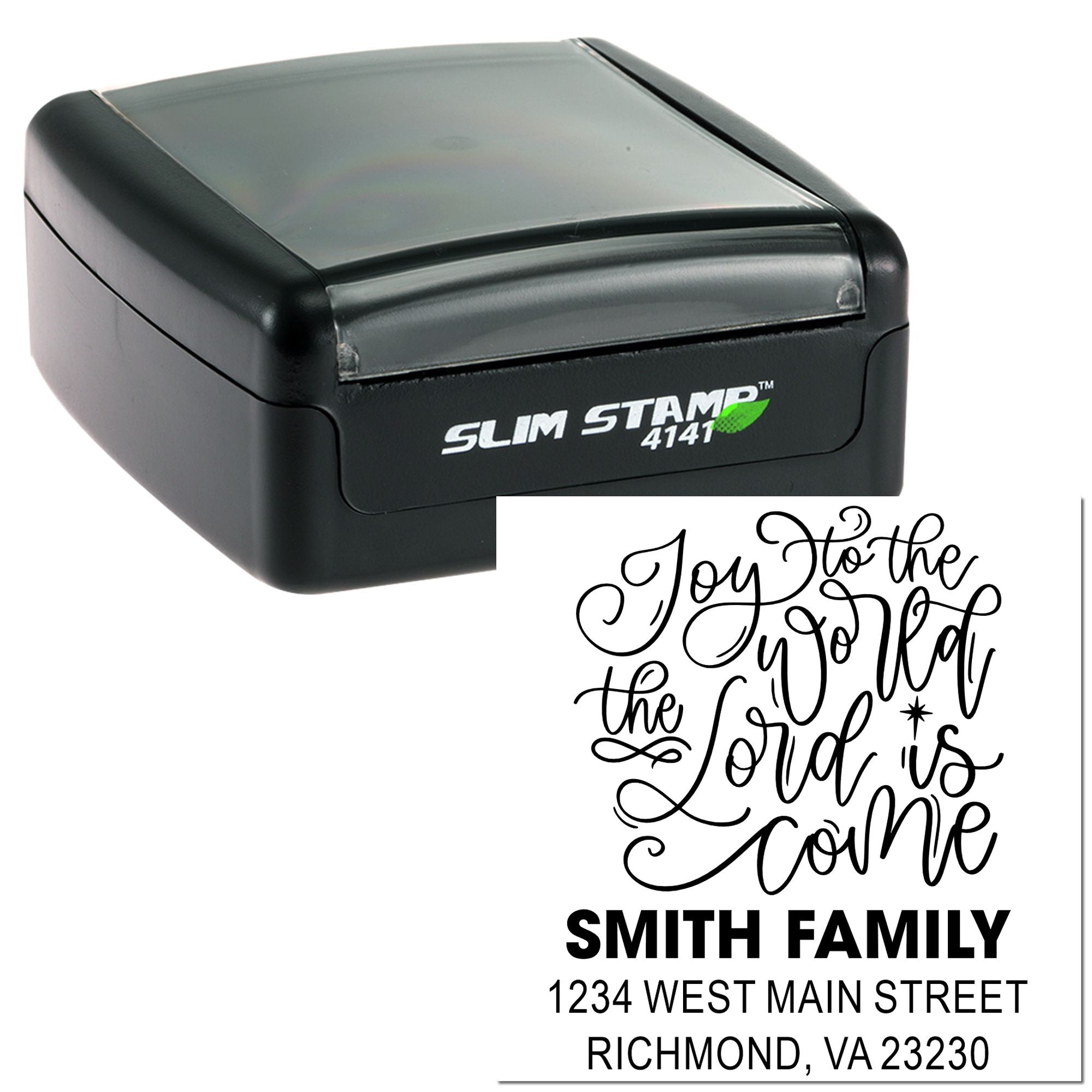 Custom self-inking rubber return address stamp with decorative family quote design for Smith Family mailings and packaging.