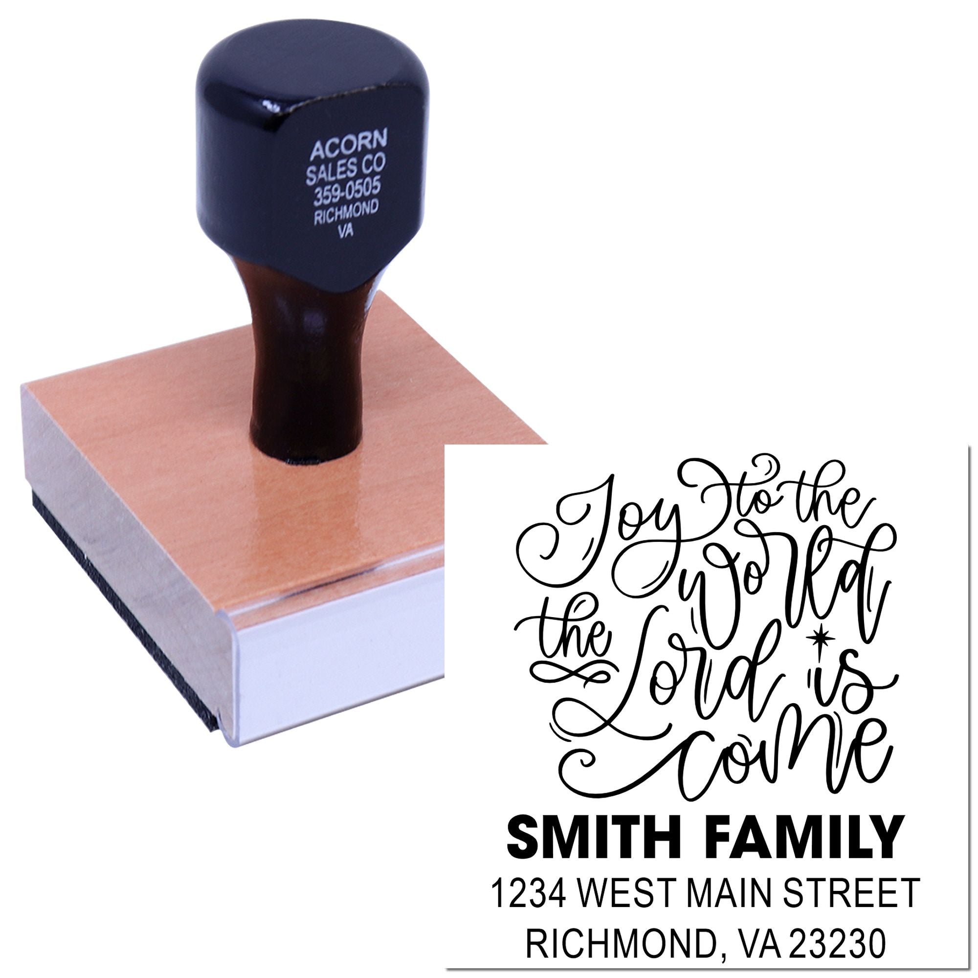 Custom family address rubber stamp with Joy to the World design, Smith Family name, and Richmond, VA return address