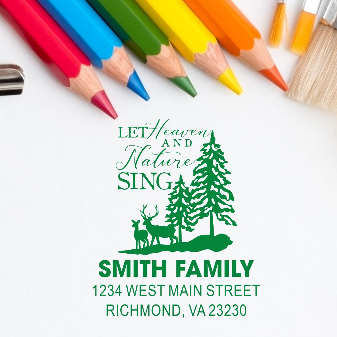 Custom return address rubber stamp with forest deer design for Smith Family, 1234 West Main Street, Richmond, VA 23230