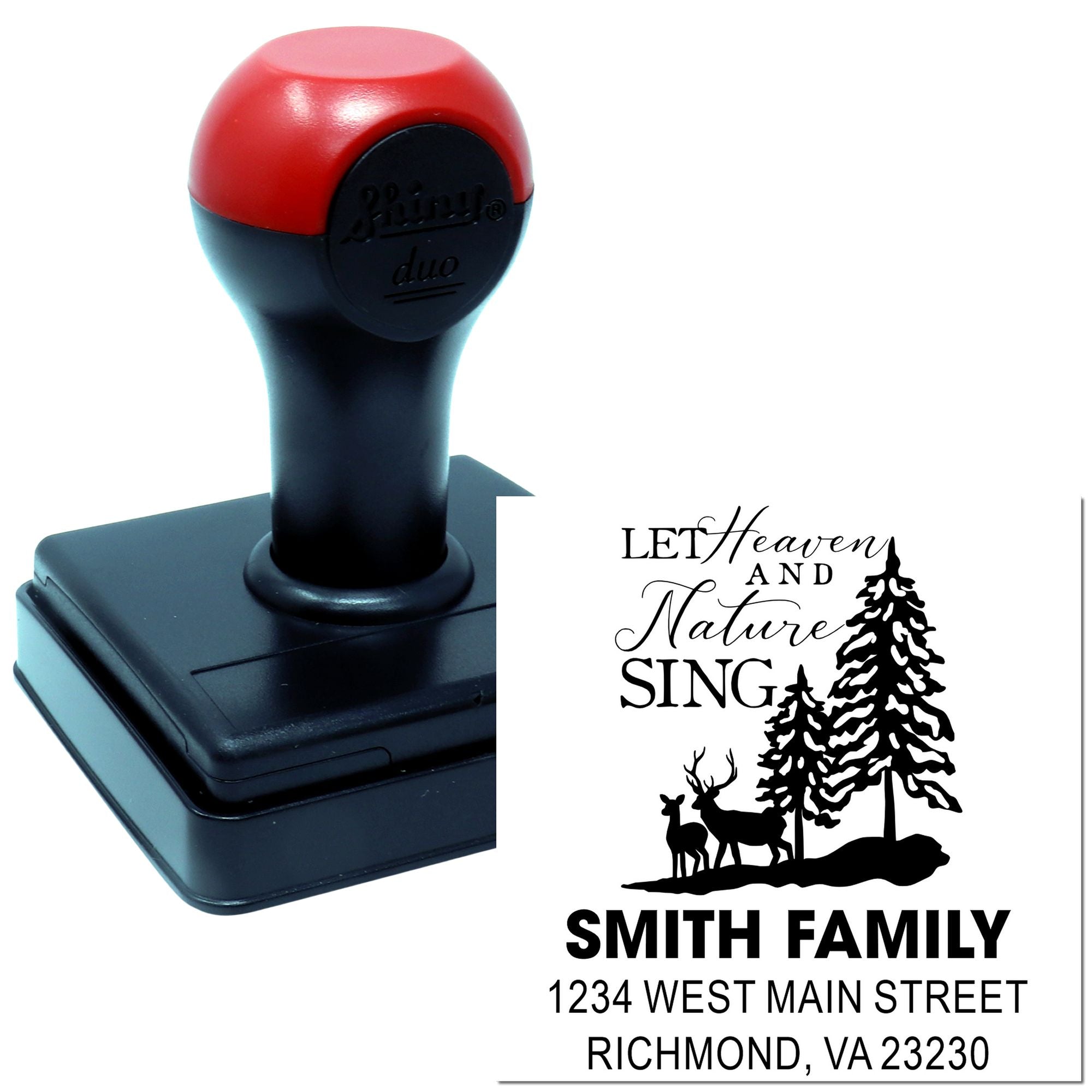 Custom self-inking rubber stamp with family name and return address, featuring a nature quote and deer-and-pine design.