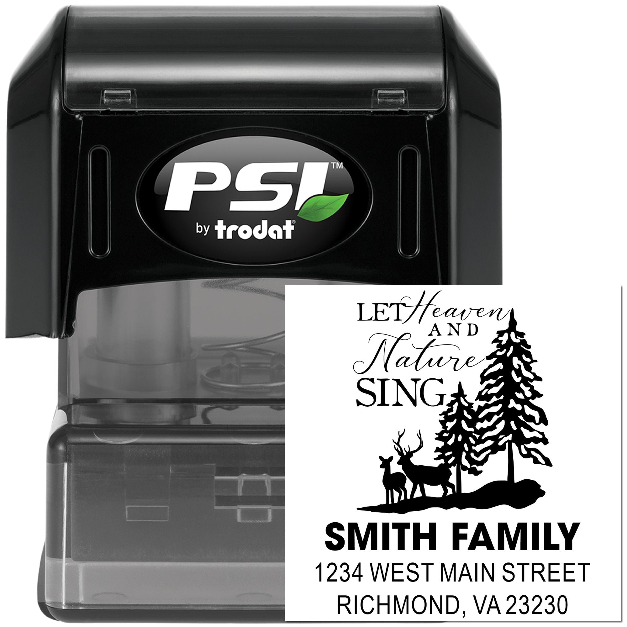 Personalized self-inking rubber stamp by PSI Trodat with custom family address and pine tree design for mailing.