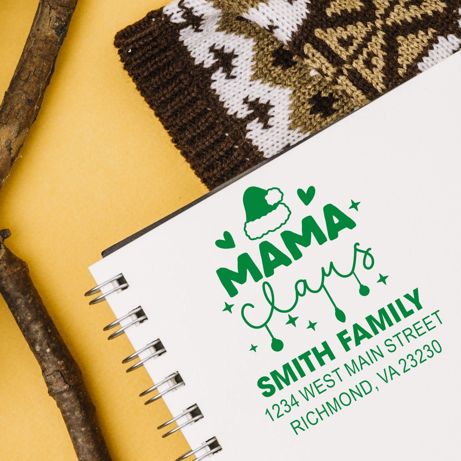 Custom rubber stamp design with Mama Glam, Smith family name, and Richmond address for personalized stationery and holiday cards.