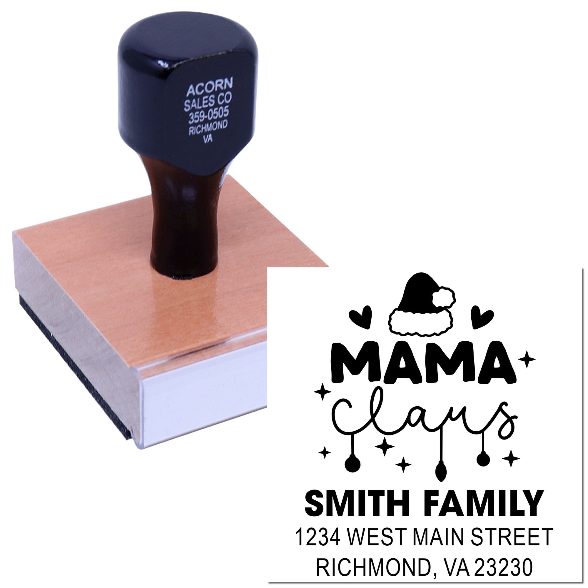 Custom family return address rubber stamp with Mama Clays holiday design and Smith Family address.