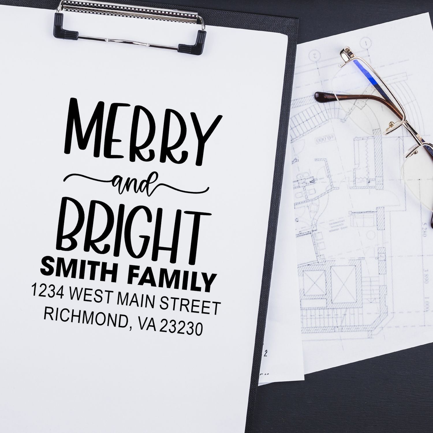 Custom holiday address rubber stamp with Merry and Bright design for the Smith family, 1234 West Main Street, Richmond VA.