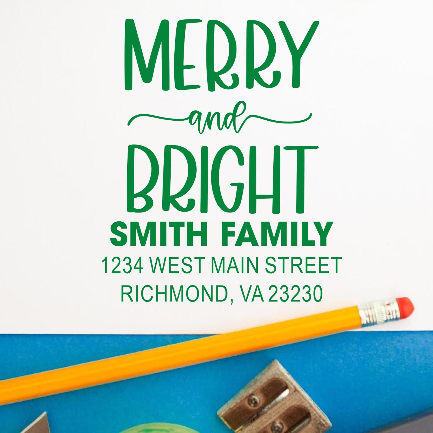 Personalized Merry and Bright rubber stamp for Smith family address and holiday stationery in Richmond, VA.