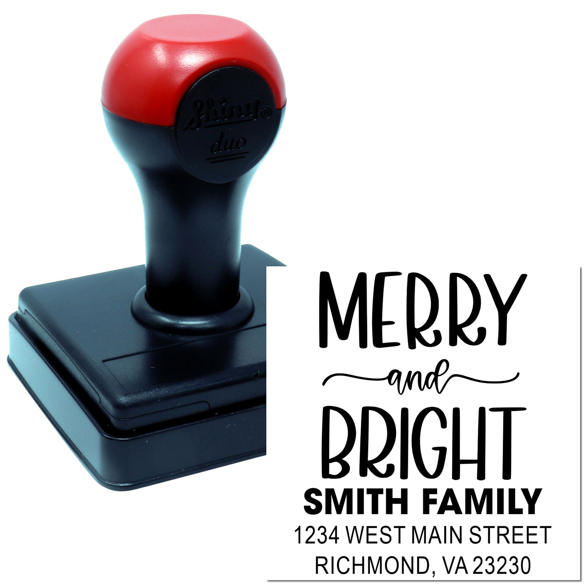 Custom rubber stamp for holiday cards with Merry and Bright family return address design and Richmond, VA address.