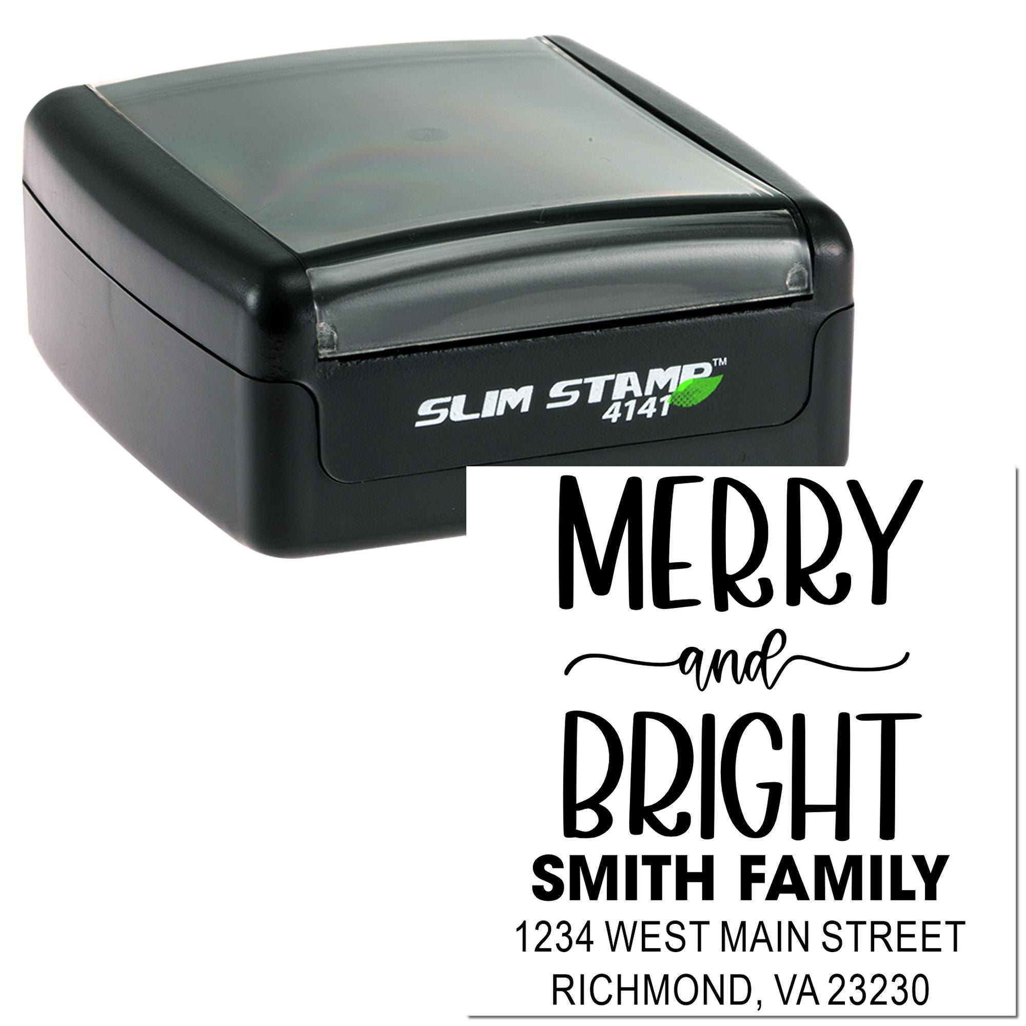 Custom self-inking rubber stamp with Merry and Bright return address design for Smith Family holiday mailing.