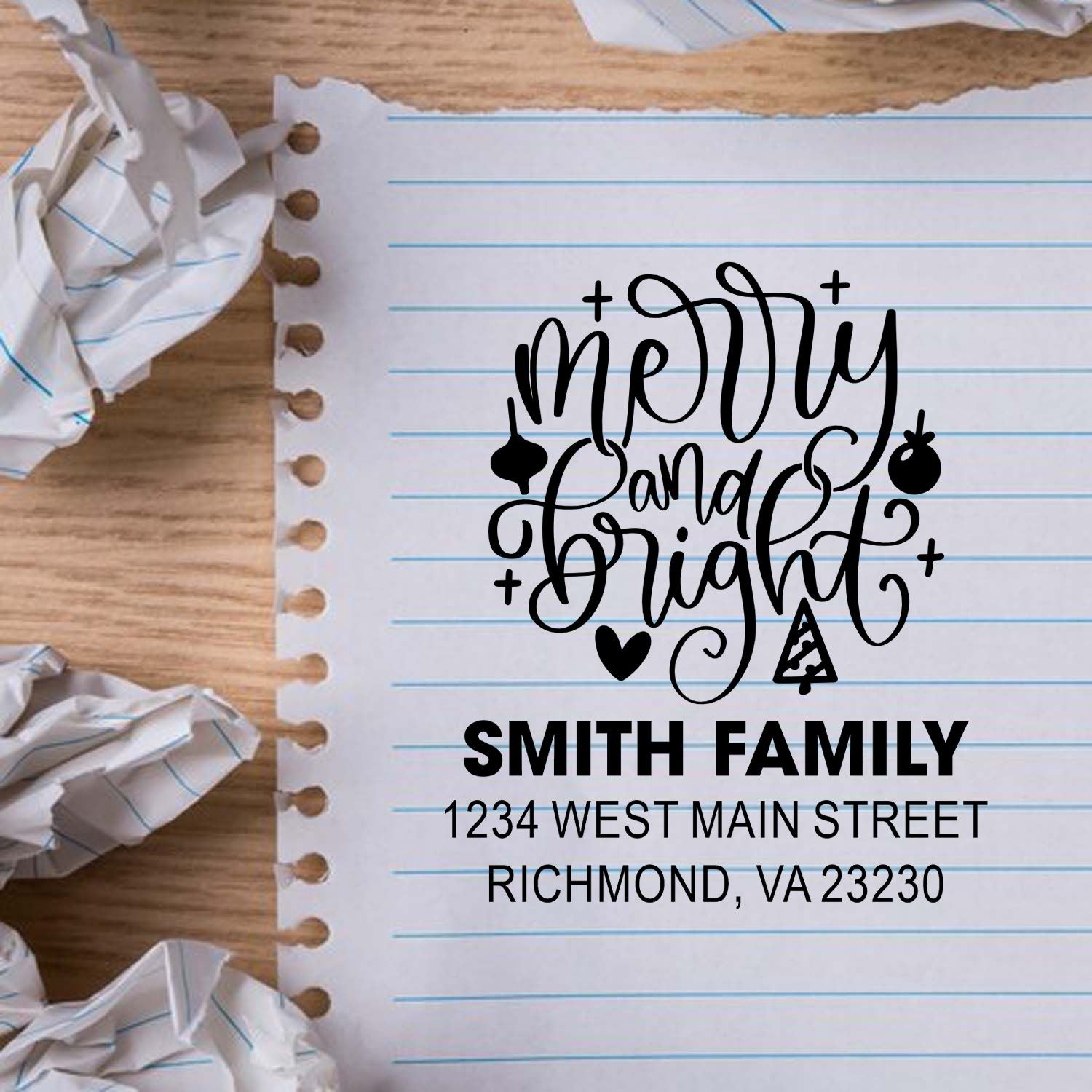 Custom Merry and Bright holiday return address rubber stamp with Smith family name and Richmond, VA address for Christmas cards.