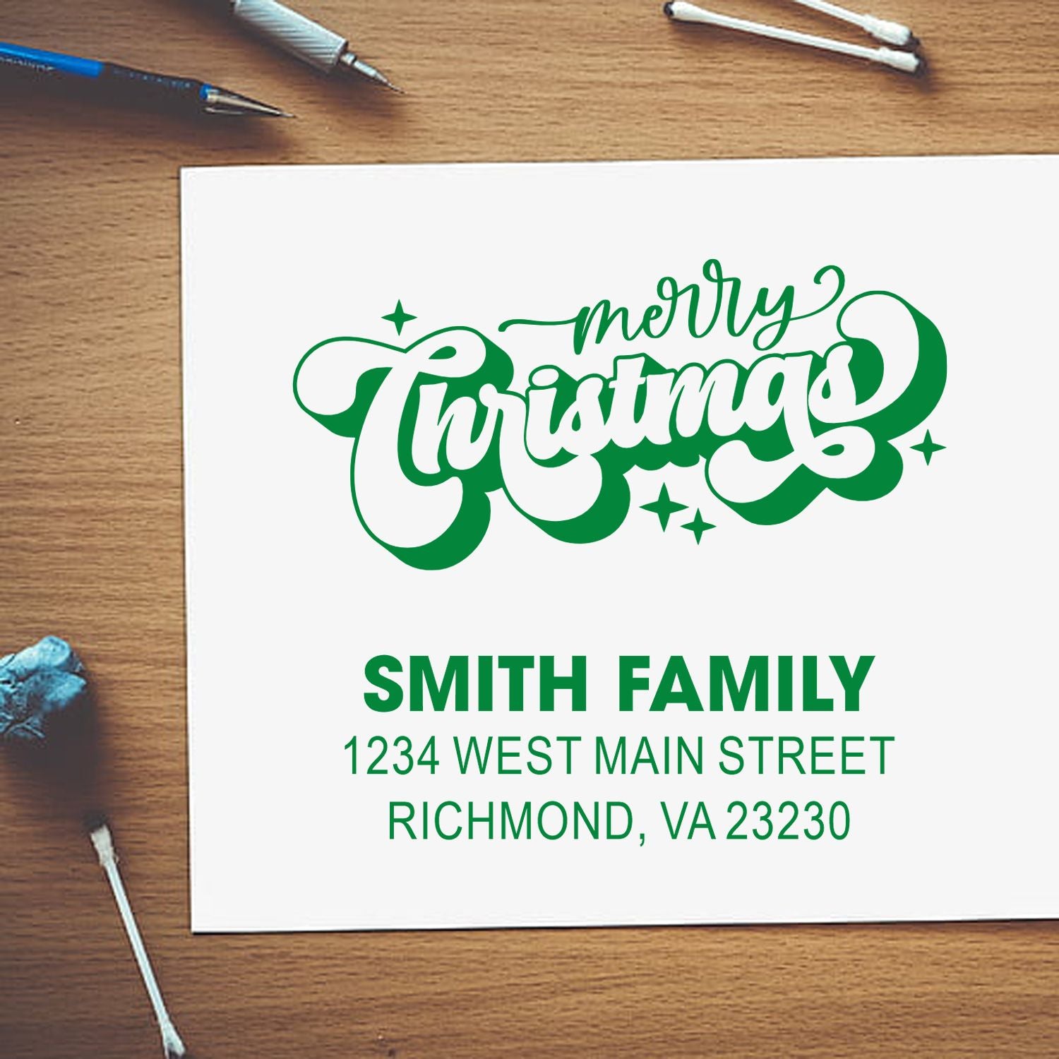 Custom Merry Christmas return address rubber stamp for holiday cards, featuring Smith Family name and address.