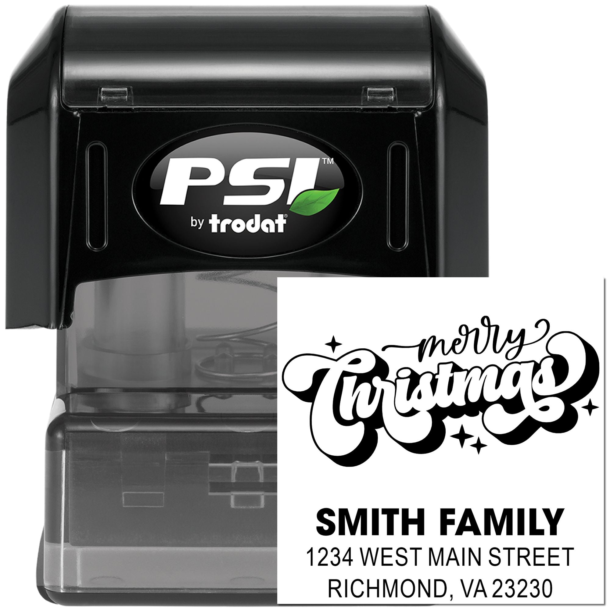 PSI by Trodat custom self-inking rubber stamp with Merry Christmas Smith Family address design for holiday cards.