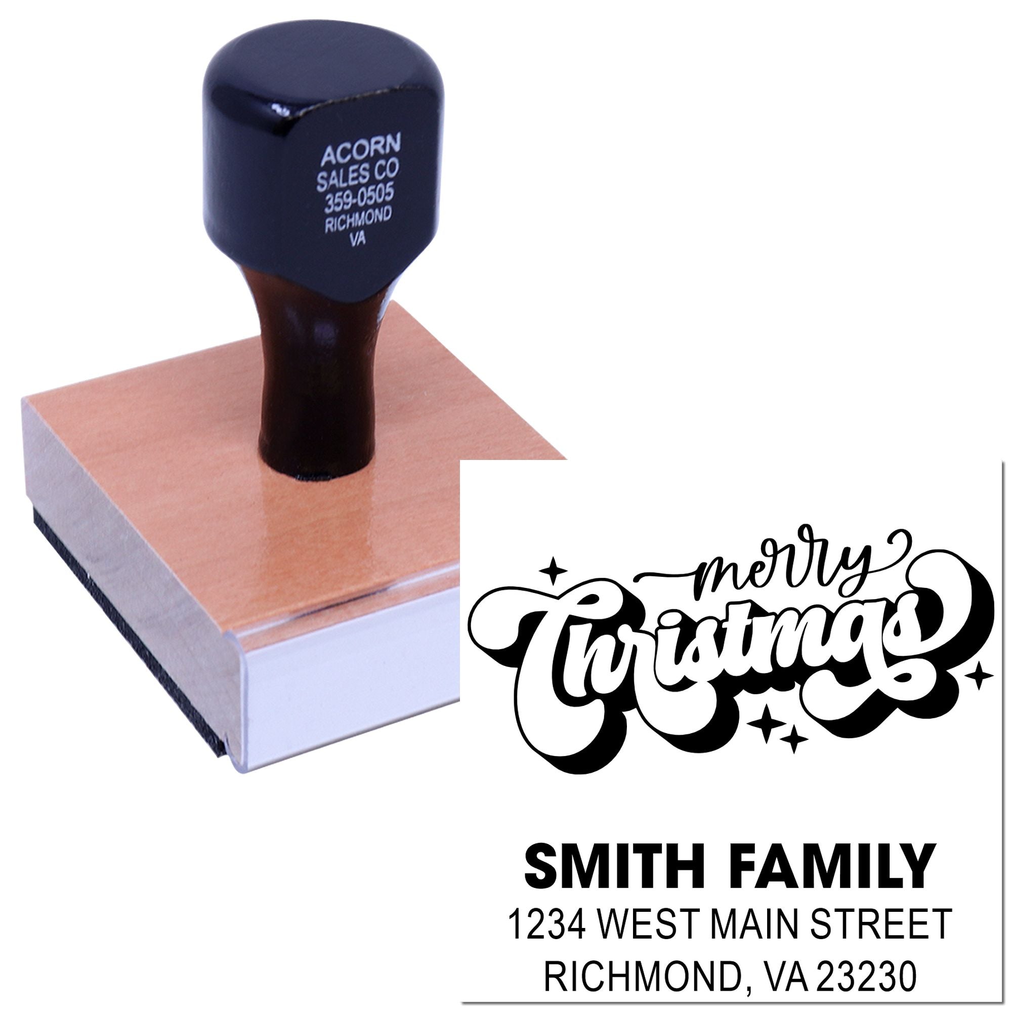 Custom self-inking rubber stamp for Christmas cards, with Smith Family return address in Richmond, VA.