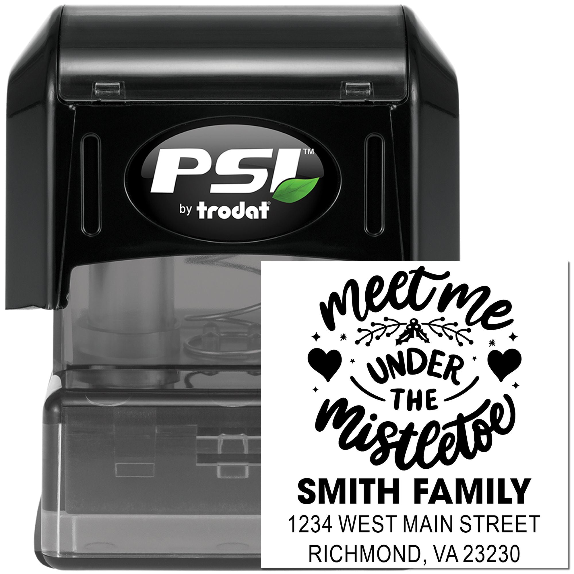 Custom self-inking rubber stamp with Meet Me Under the Mistletoe design and Smith Family return address.