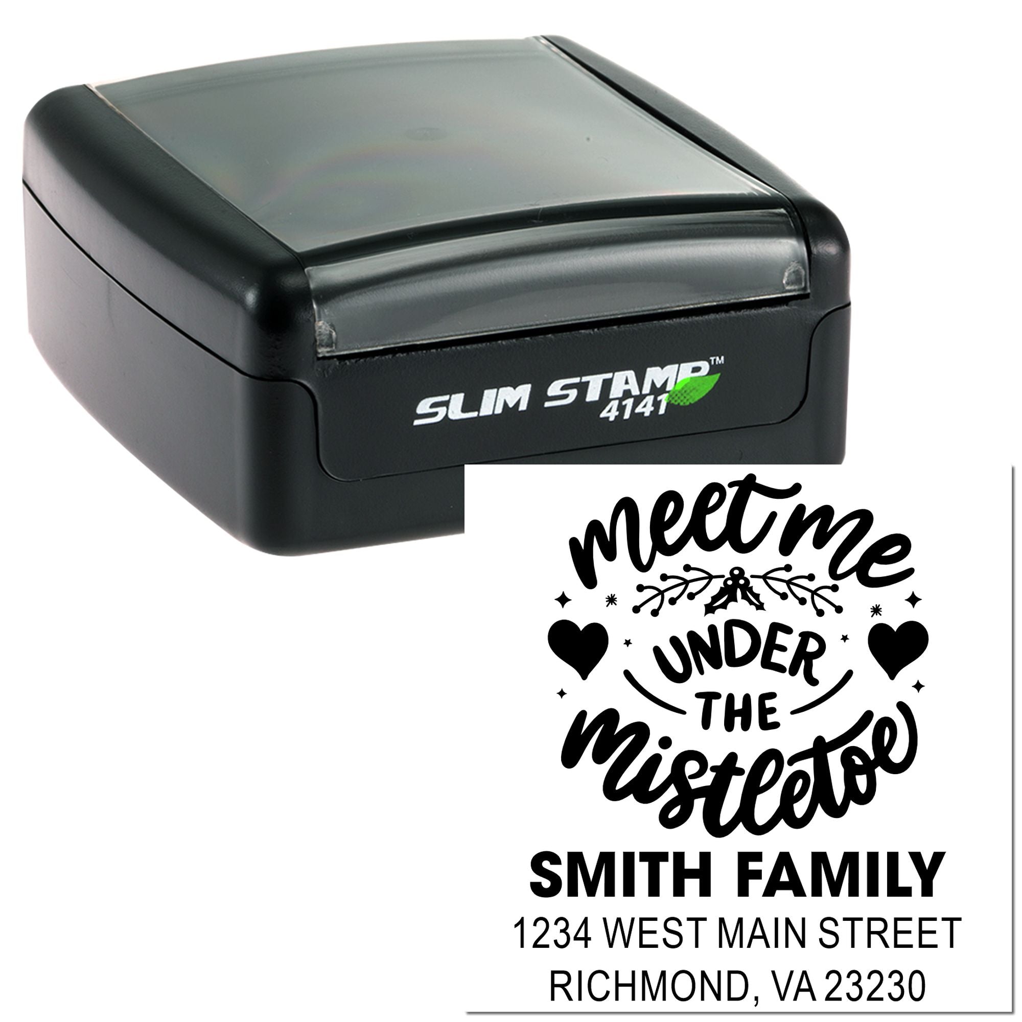 Custom self-inking rubber stamp with holiday return address design, Meet Me Under the Mistletoe for Smith Family.