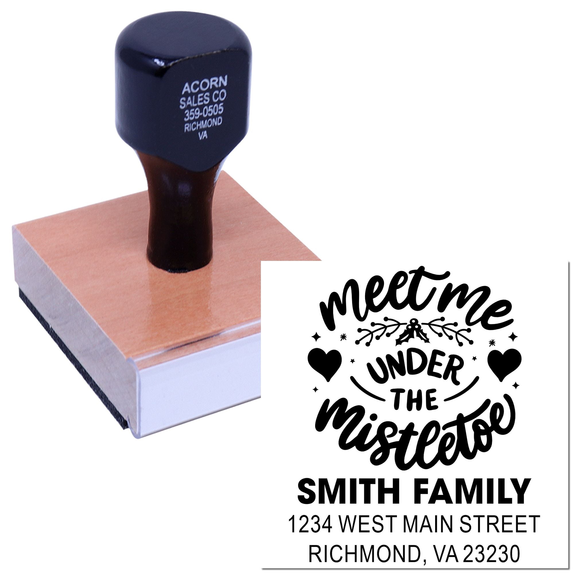 Personalized holiday return address rubber stamp with Meet Me Under the Mistletoe design for Smith family envelopes.