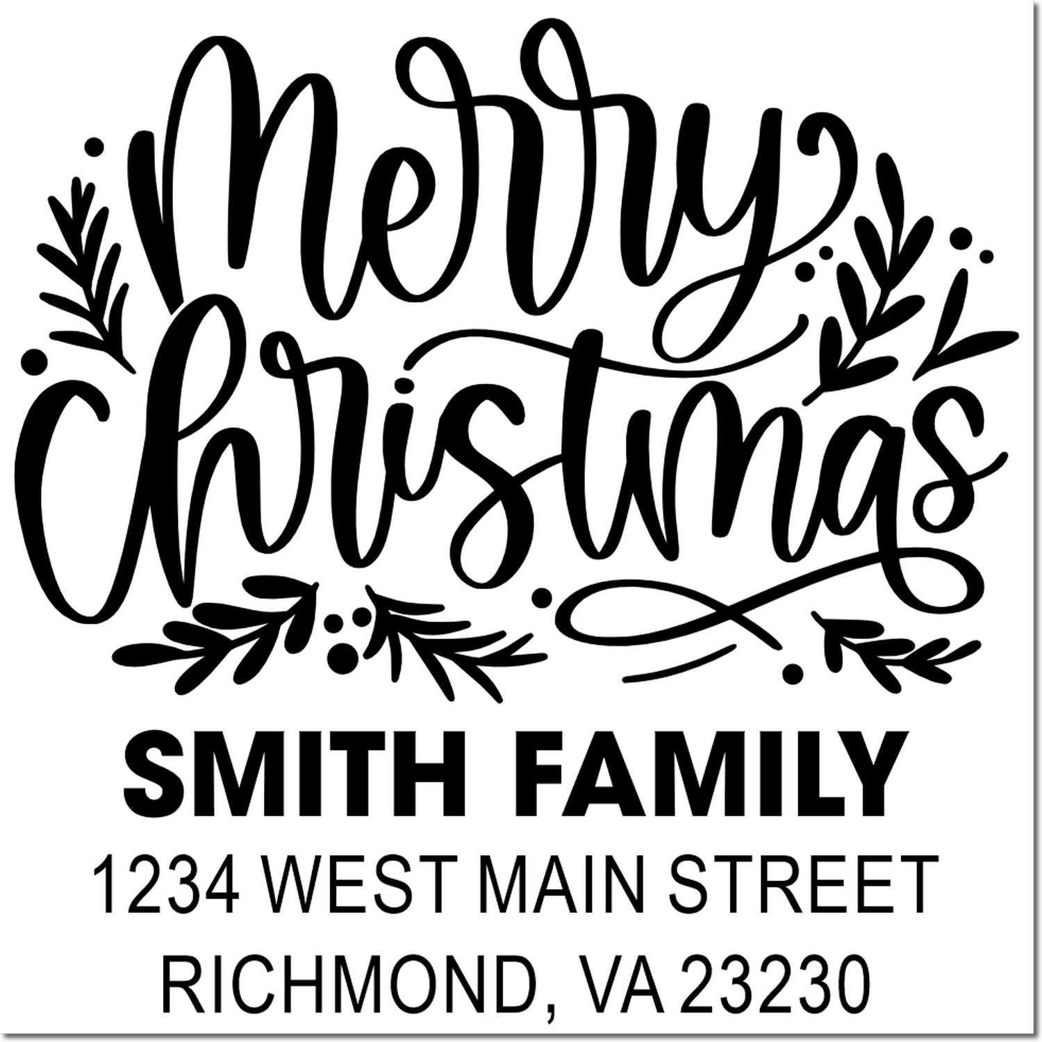 Personalized Merry Christmas rubber stamp with Smith family name and Richmond, VA address for holiday cards and mailings.