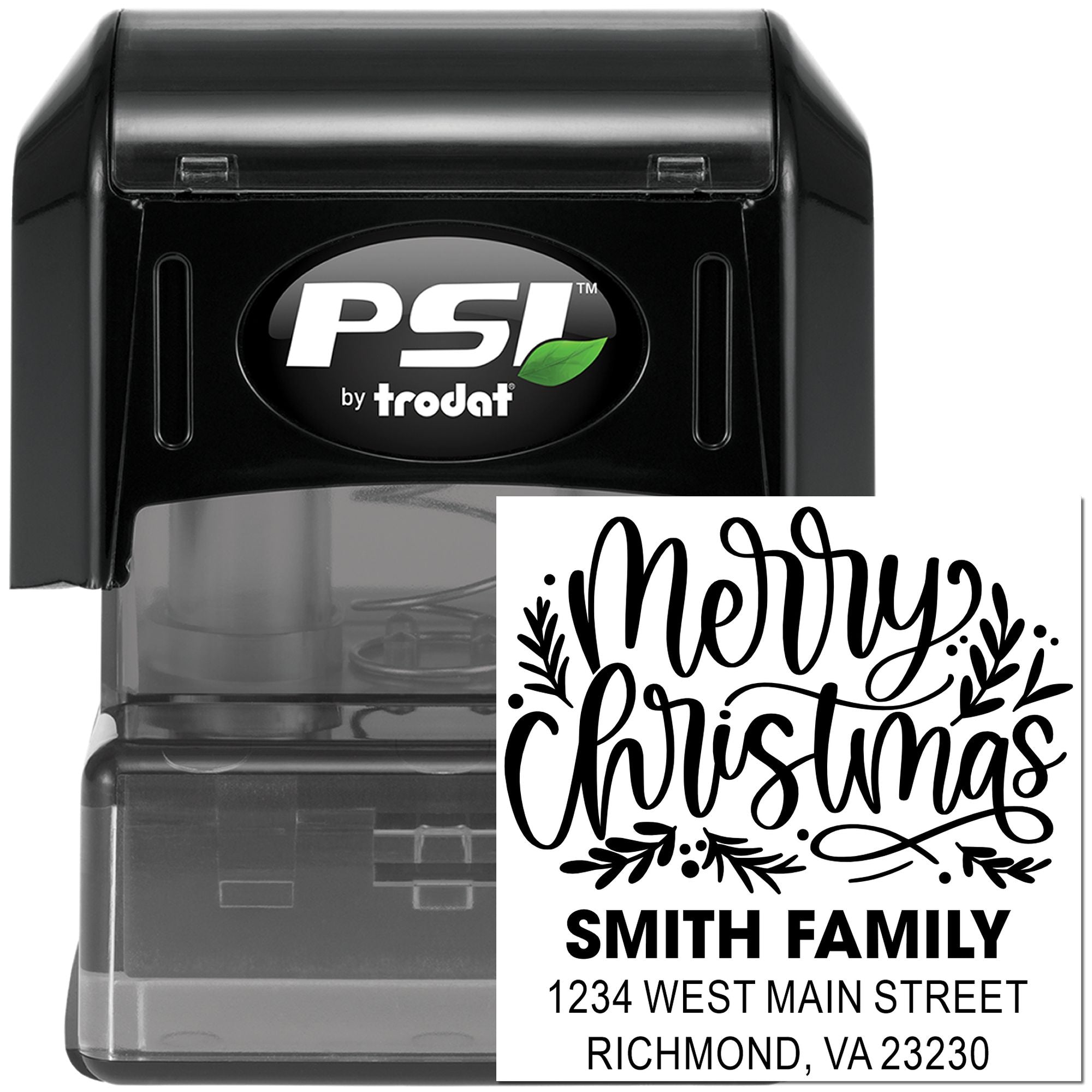 Custom Merry Christmas self-inking return address rubber stamp by PSI by Trodat for holiday cards and mail.