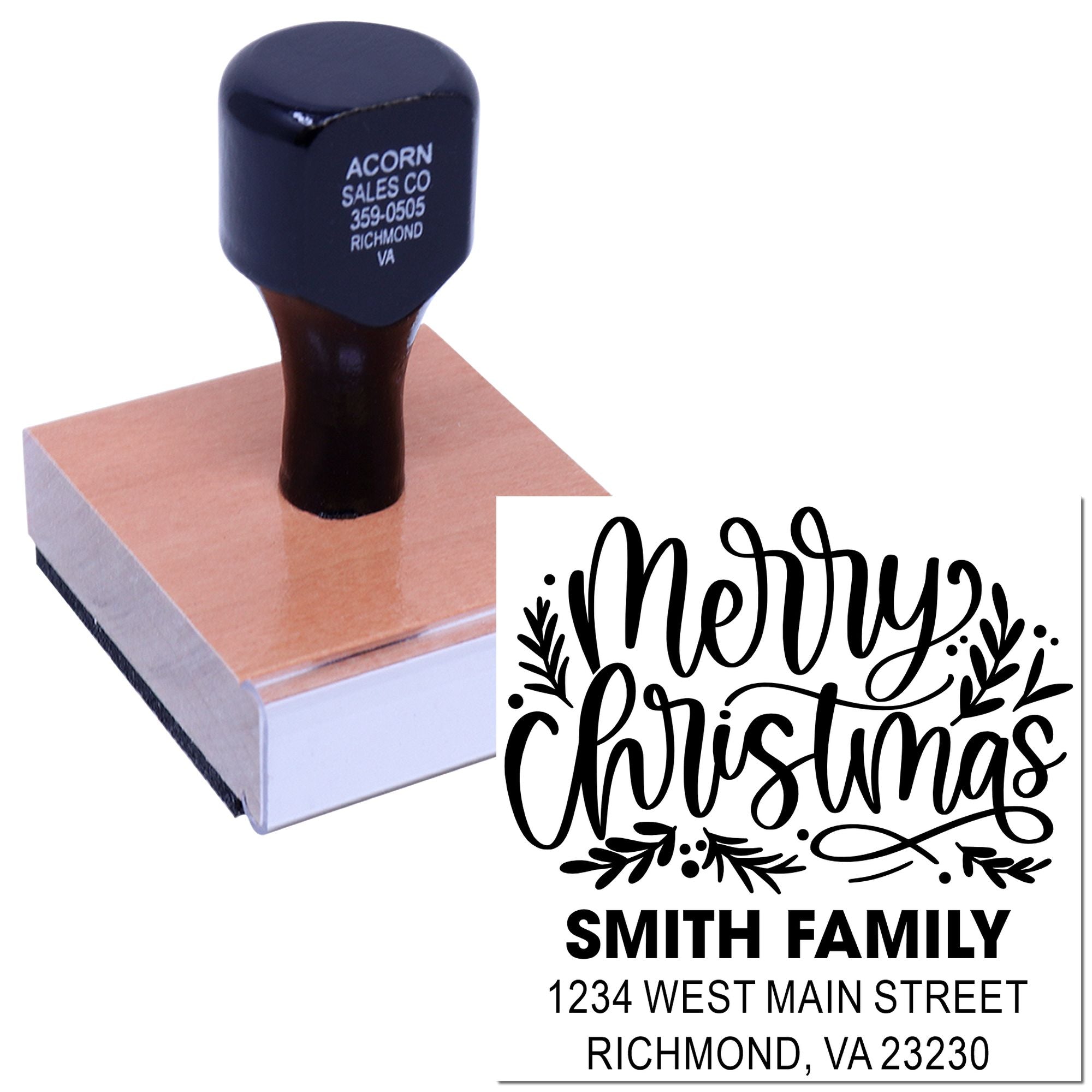 Personalized Merry Christmas return address rubber stamp for holiday cards and envelopes.