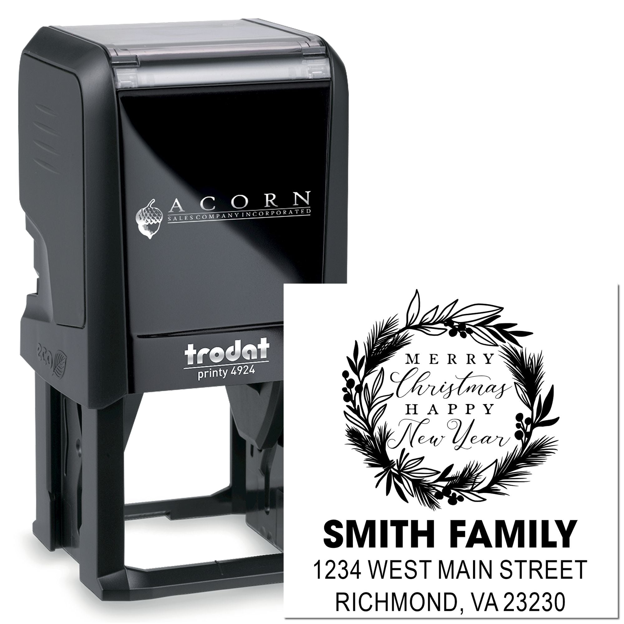 Personalized self-inking Trodat rubber stamp with Merry Christmas wreath and Smith family return address design