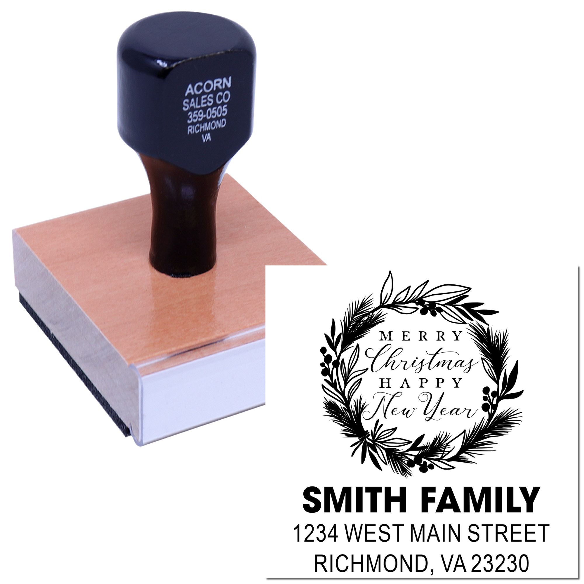 Custom holiday address rubber stamp with wreath design for Smith Family Christmas and New Year cards.
