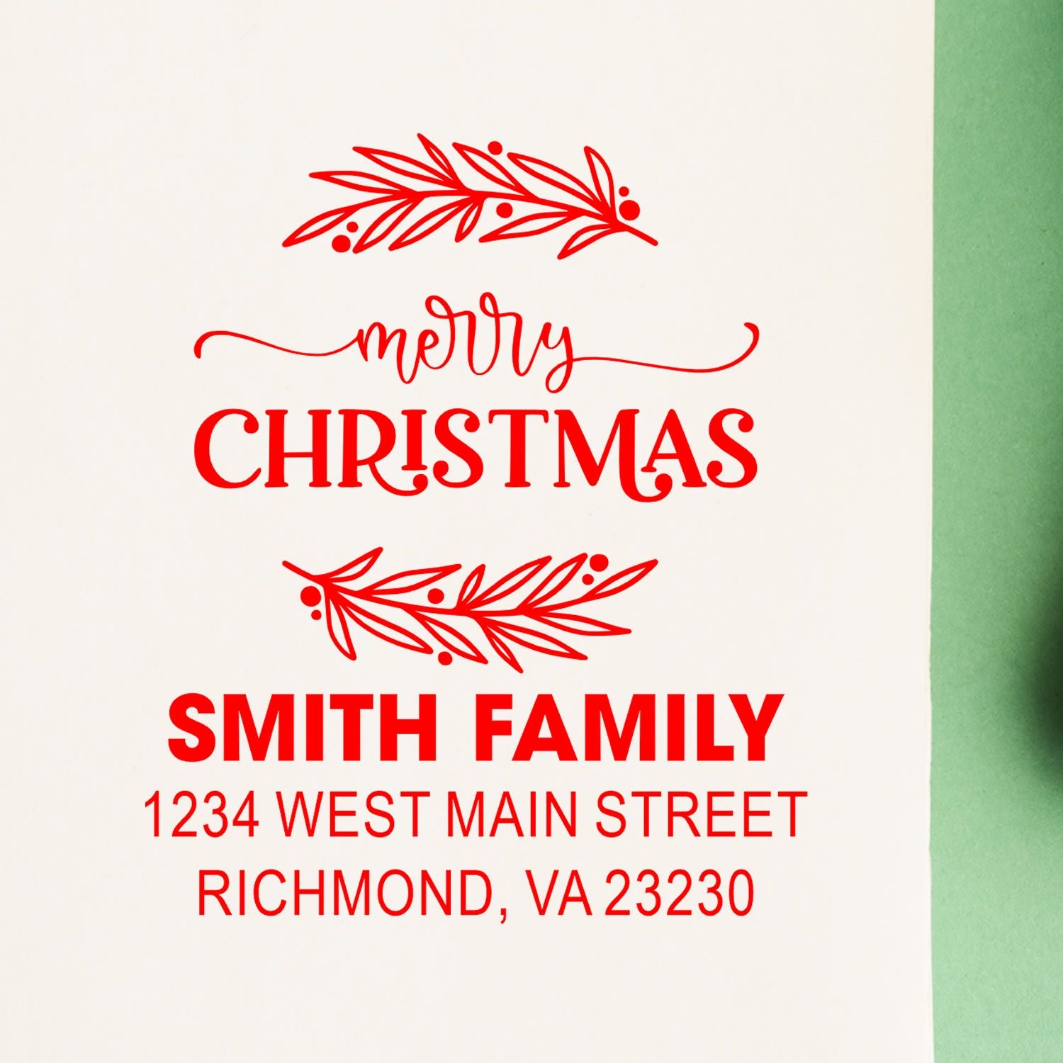 Custom Christmas rubber stamp with holiday floral accents, Merry Christmas, Smith Family, and return address for personalized cards.