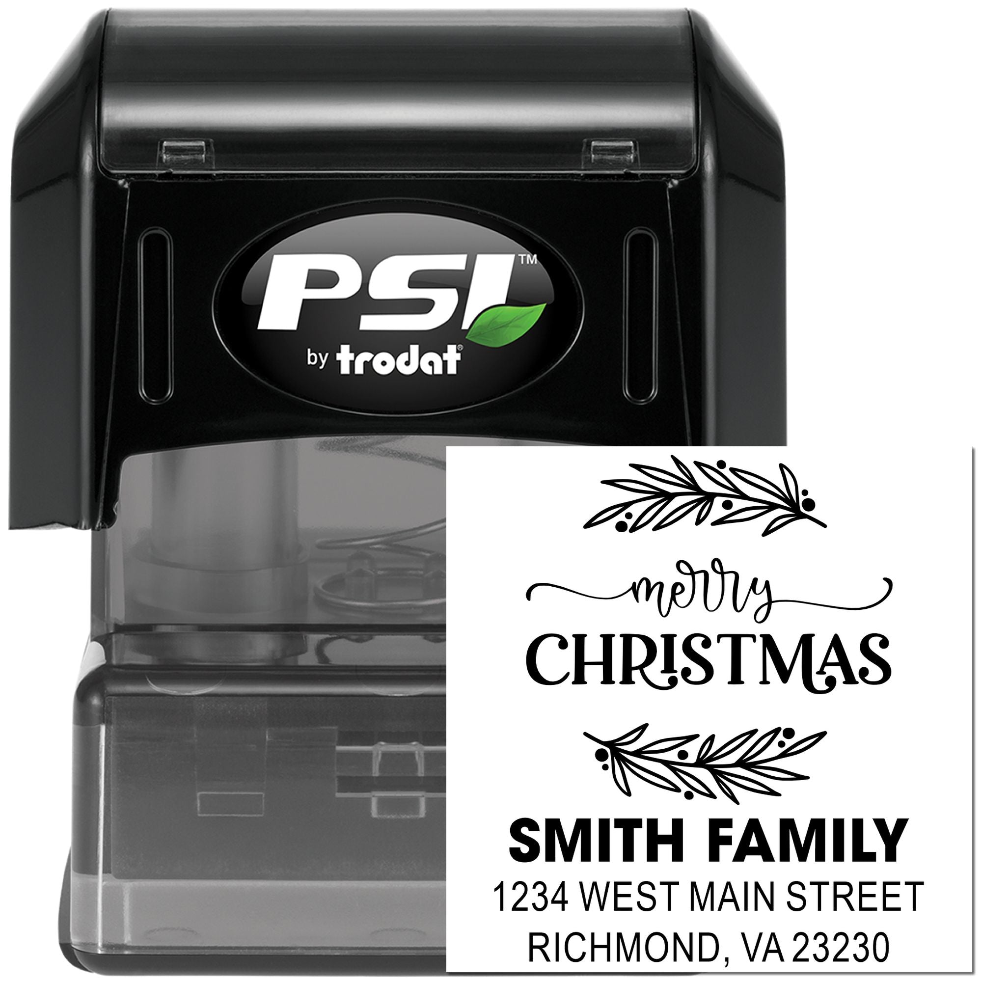 Personalized self-inking rubber stamp for Christmas cards with Merry Christmas design and return address.