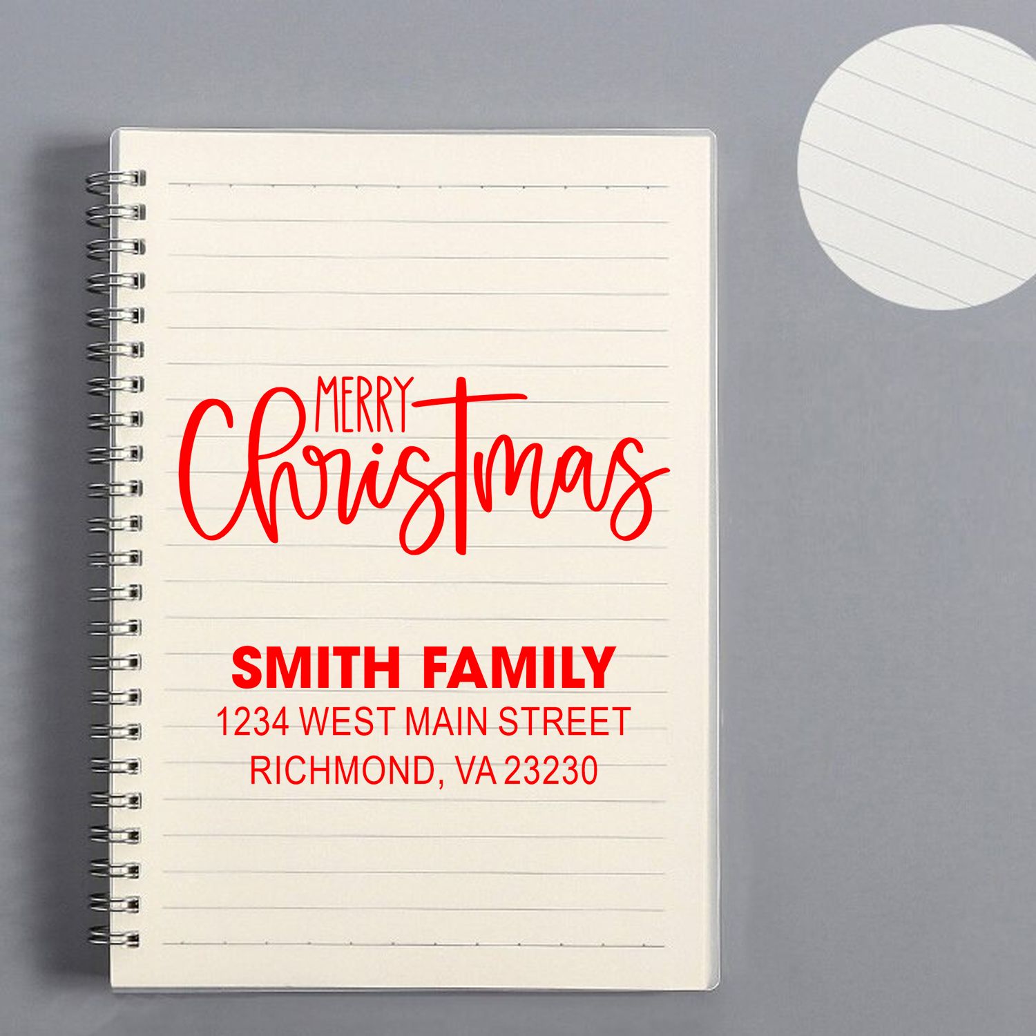 Personalized Merry Christmas return address rubber stamp for holiday cards with family name and address