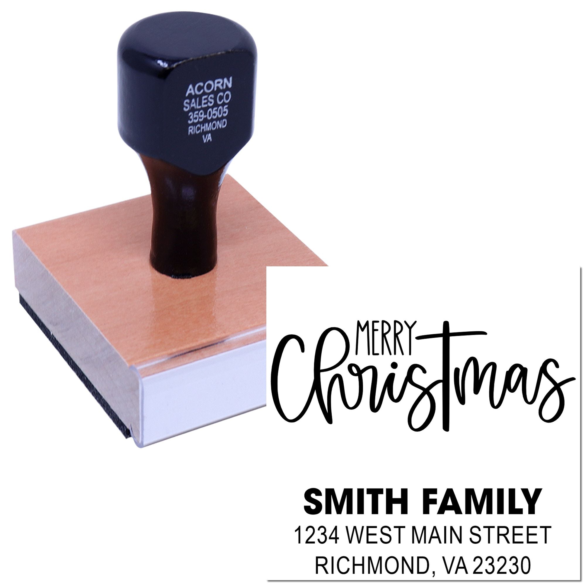 Custom Christmas address rubber stamp for holiday cards, featuring Merry Christmas script and Smith family return address.