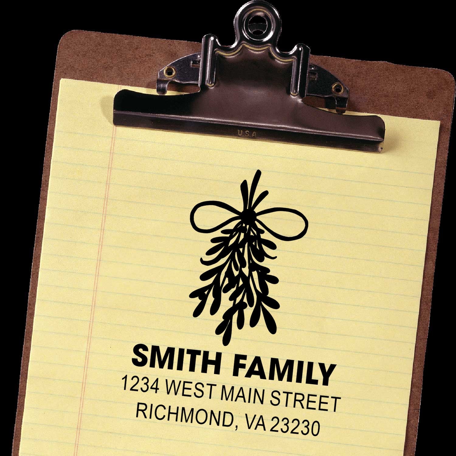 Custom return address rubber stamp for Smith family with house address and Richmond, VA mailing details.
