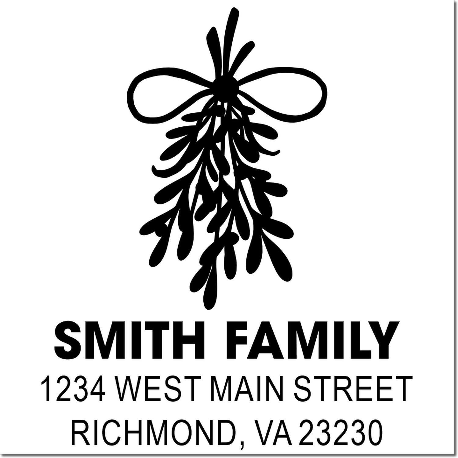 Personalized Smith Family return address rubber stamp with decorative holiday bow, 1234 West Main Street, Richmond, VA 23230.