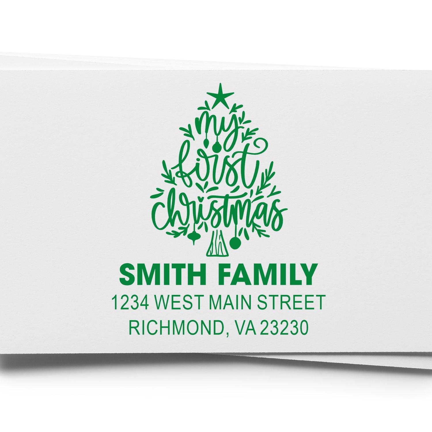 Custom personalized Christmas rubber stamp with Smith Family return address for holiday cards, Richmond, VA.