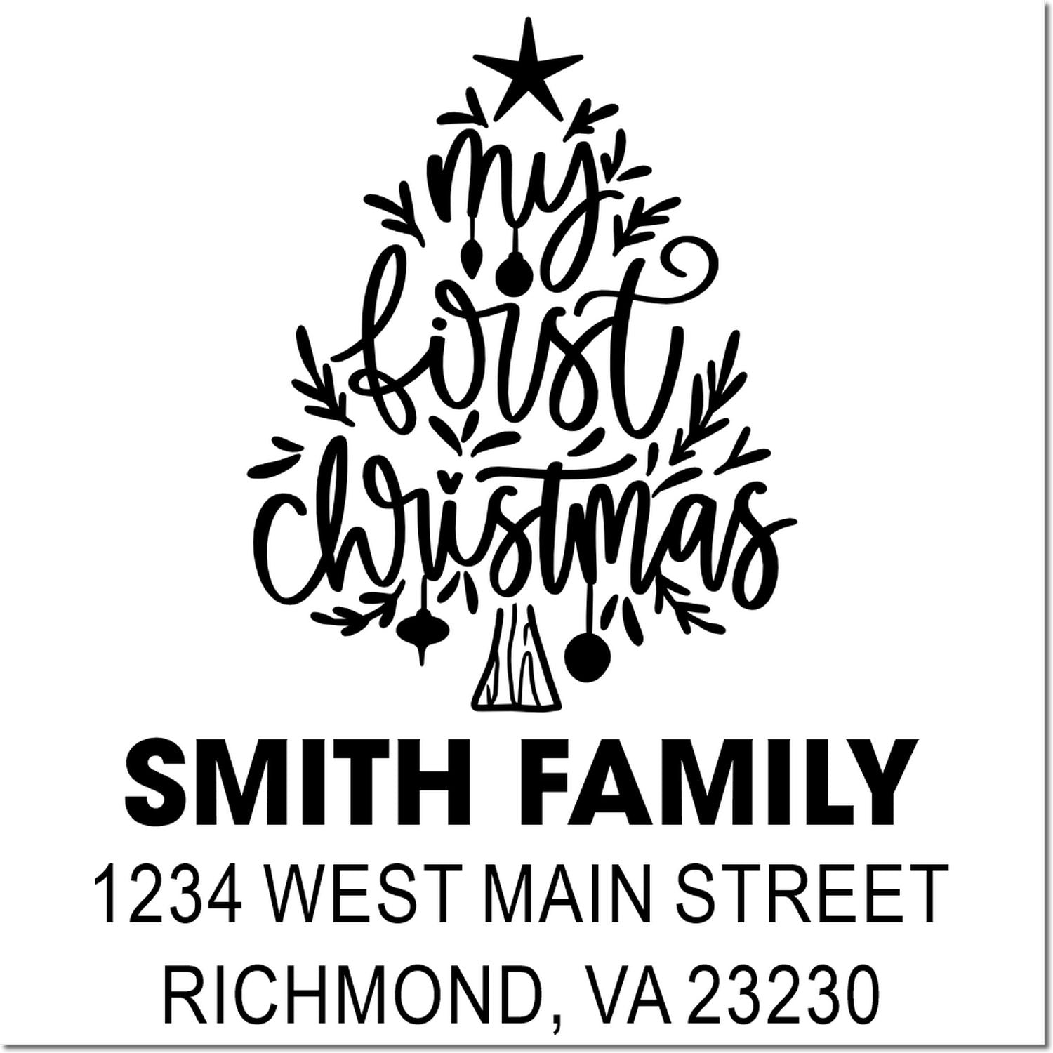 Custom Christmas return address rubber stamp with tree design, Smith family name, and Richmond, VA address for holiday cards.