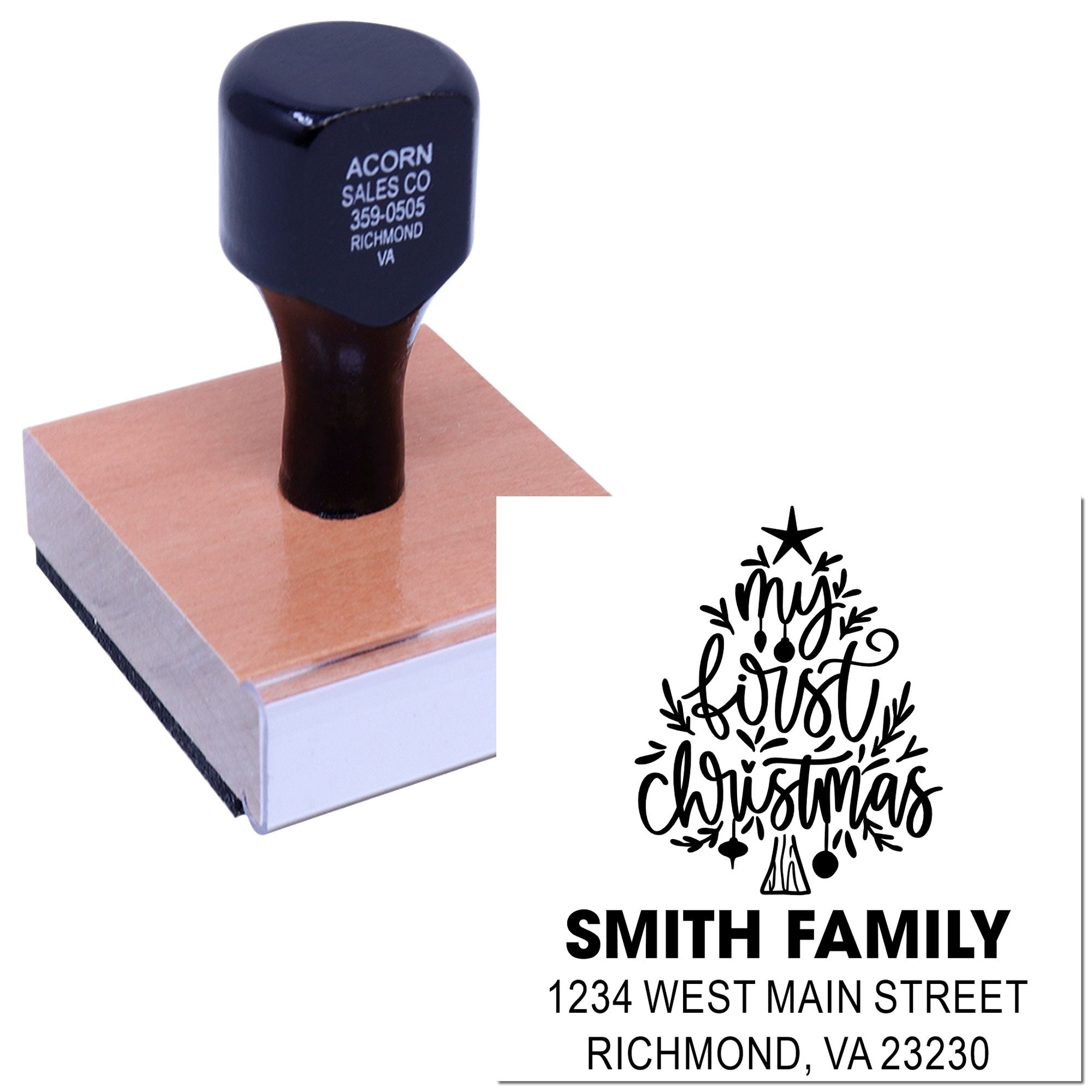 Custom holiday address rubber stamp with Christmas tree design for Smith Family, Richmond, VA return address.