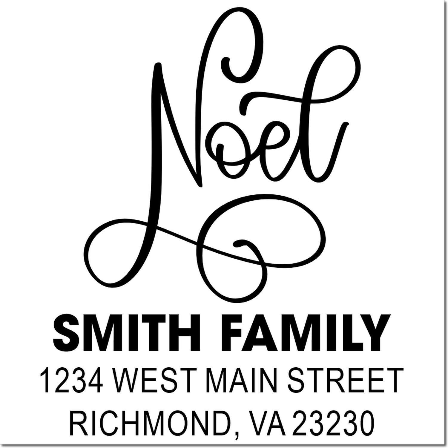 Custom family return address rubber stamp with decorative Noel script, Smith Family name, and Richmond, VA address.