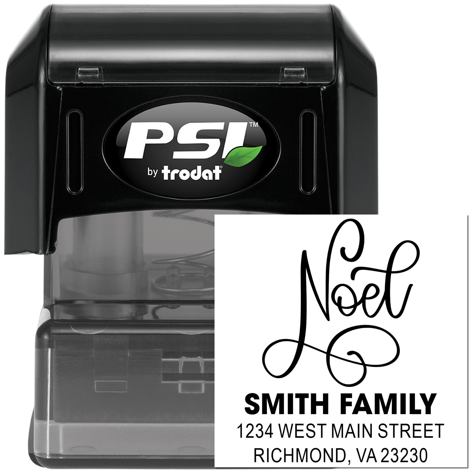 Custom self-inking rubber stamp for return addresses with Noel design, Smith Family name, and mailing address by PSI/Trodat.