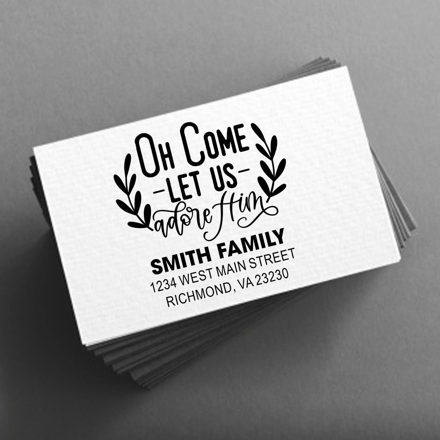 Personalized holiday rubber stamp with Oh Come Let Us Adore Him design and Smith family return address.