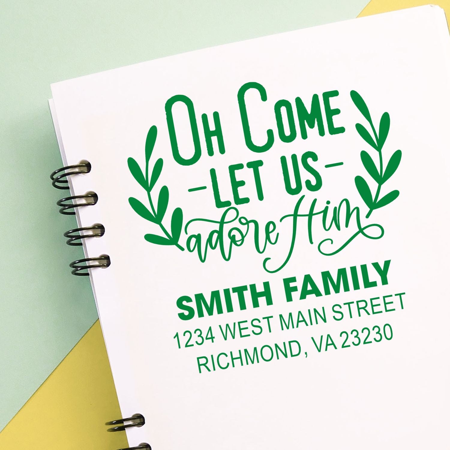 Personalized Christmas return address rubber stamp with Oh Come Let Us Adore Him and Smith Family address design.