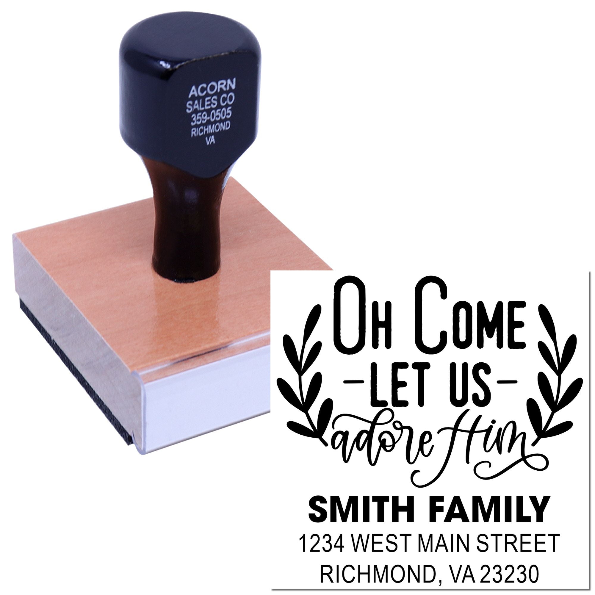 Personalized rubber stamp with Oh Come Let Us Adore Him and Smith family return address, Richmond, VA.