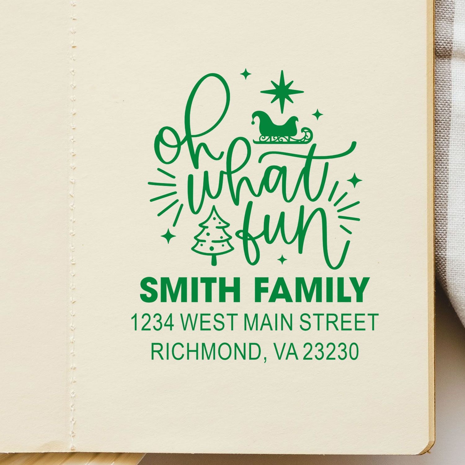 Personalized holiday return address rubber stamp with oh what fun Christmas design for Smith Family, Richmond, VA.