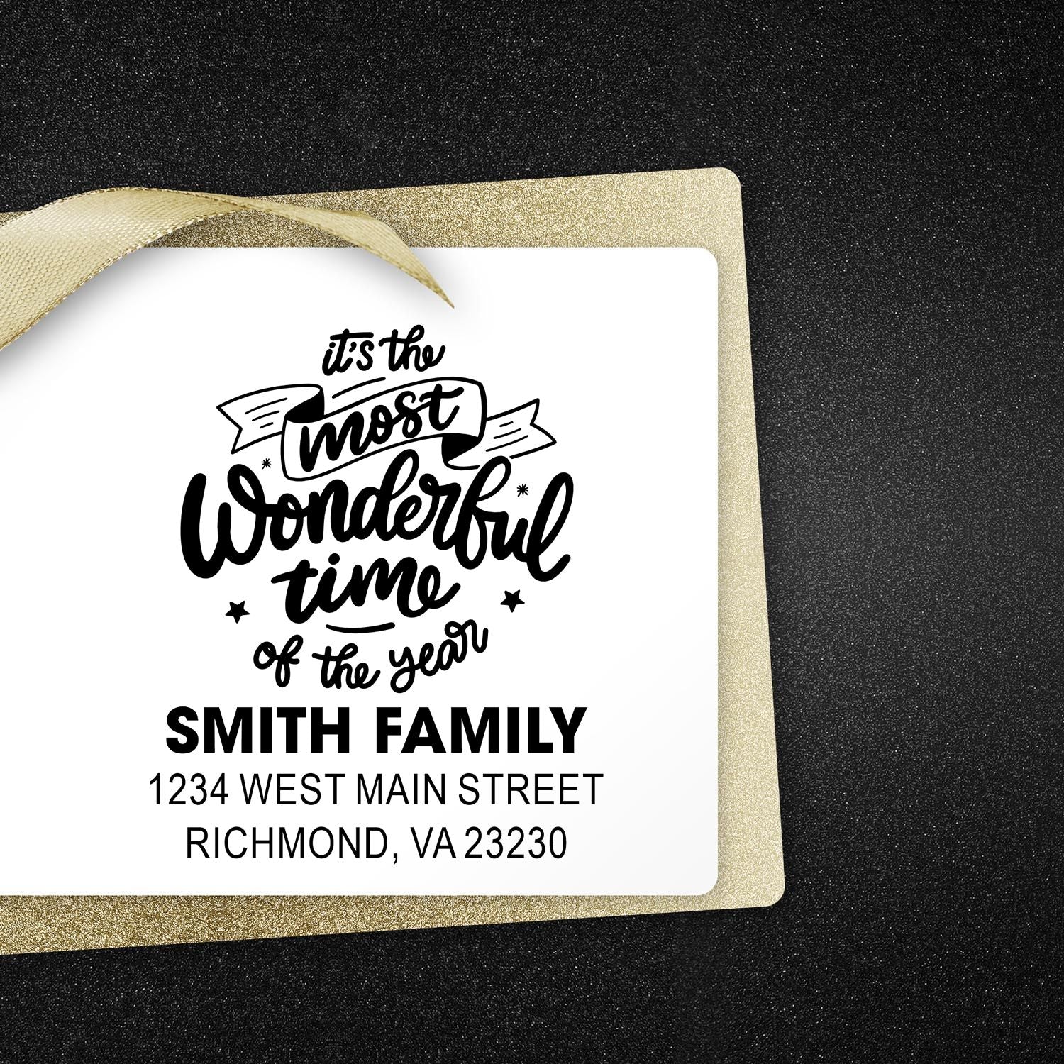 Custom holiday return address rubber stamp with Its the Most Wonderful Time of the Year for Smith family cards.