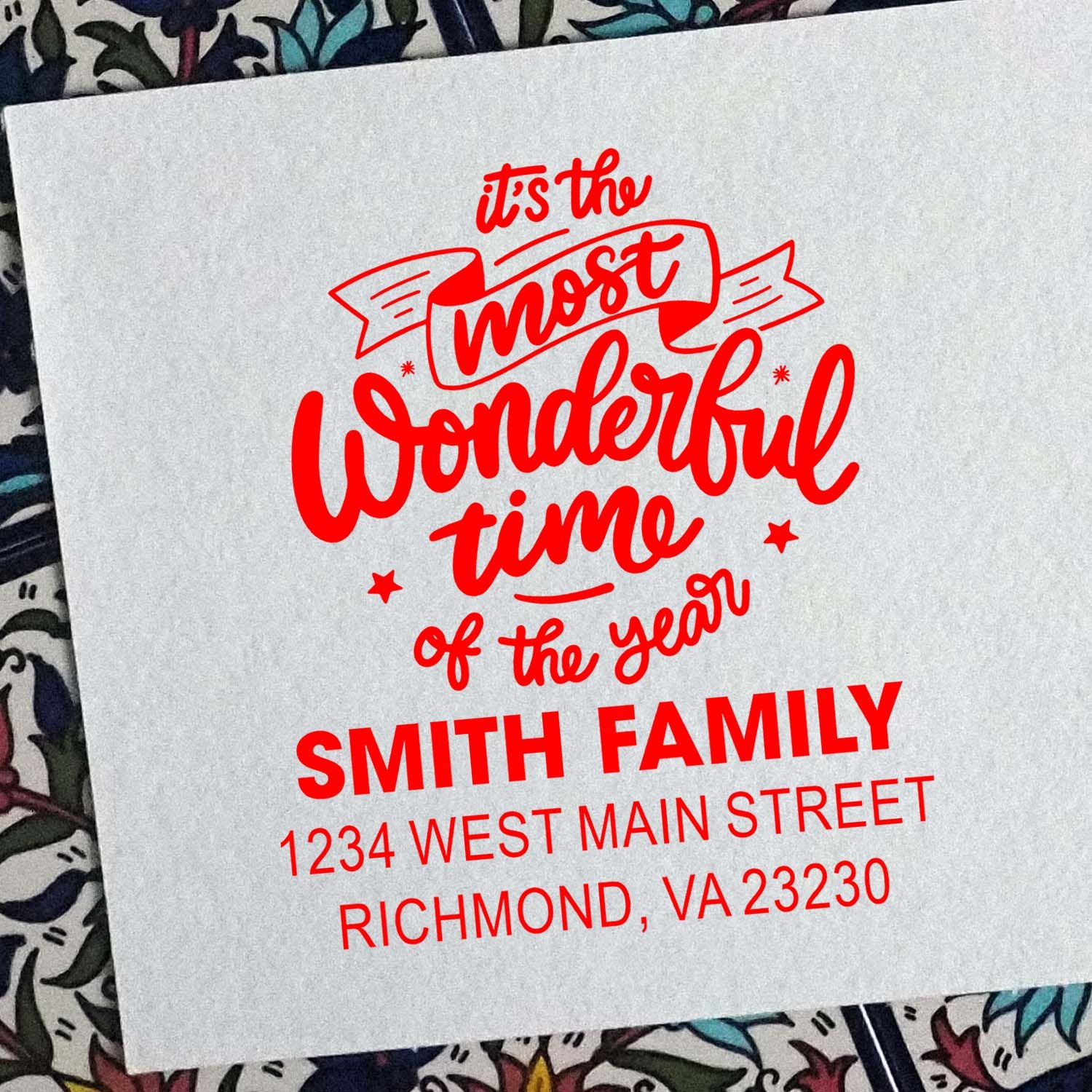 Custom holiday return address rubber stamp for the Smith family, featuring Its the most wonderful time of the year.