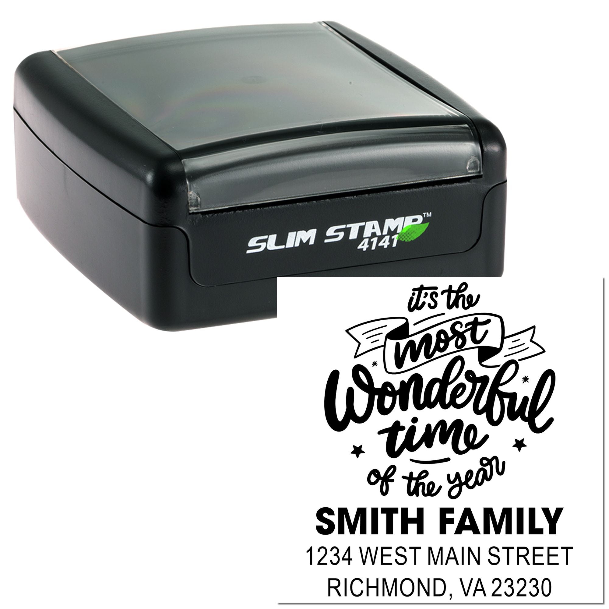 Custom self-inking rubber stamp with holiday quote and family return address, perfect for personalized envelopes and mailings.